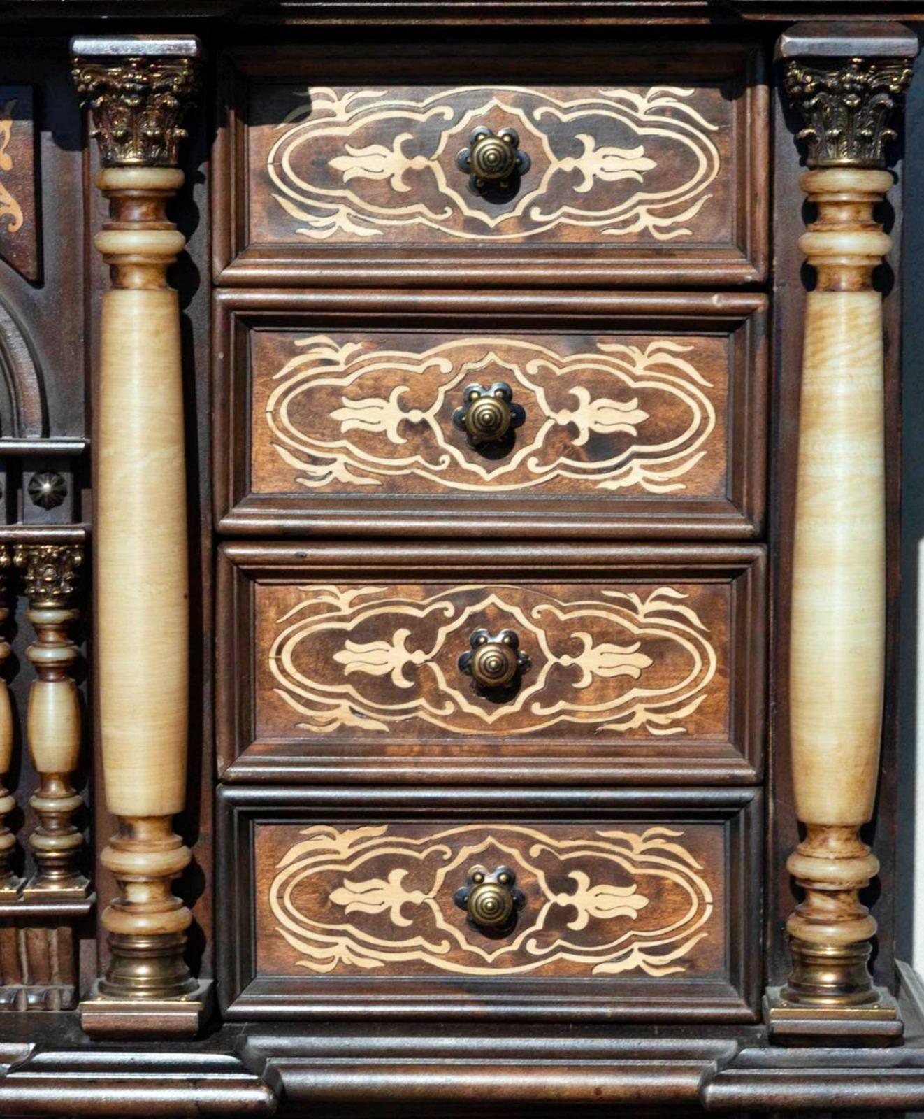 Great Pair of Spanish (Toledo ) Bargueño Cabinets 19th Century
 in walnut wood, alabaster and carved bone inlay, Toledo work from the late 19th century

In noble chestnut and walnut wood. Measurements of each bargueño: 135 x 137 x 32 cm.