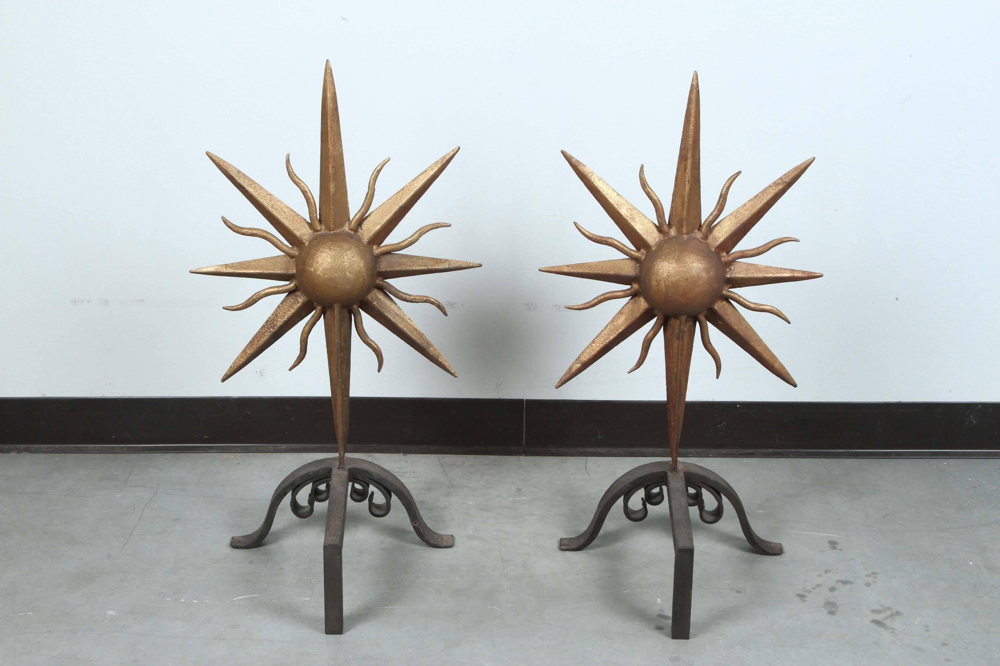 Great Pair of Sunburst Andirons In Good Condition For Sale In New York, NY