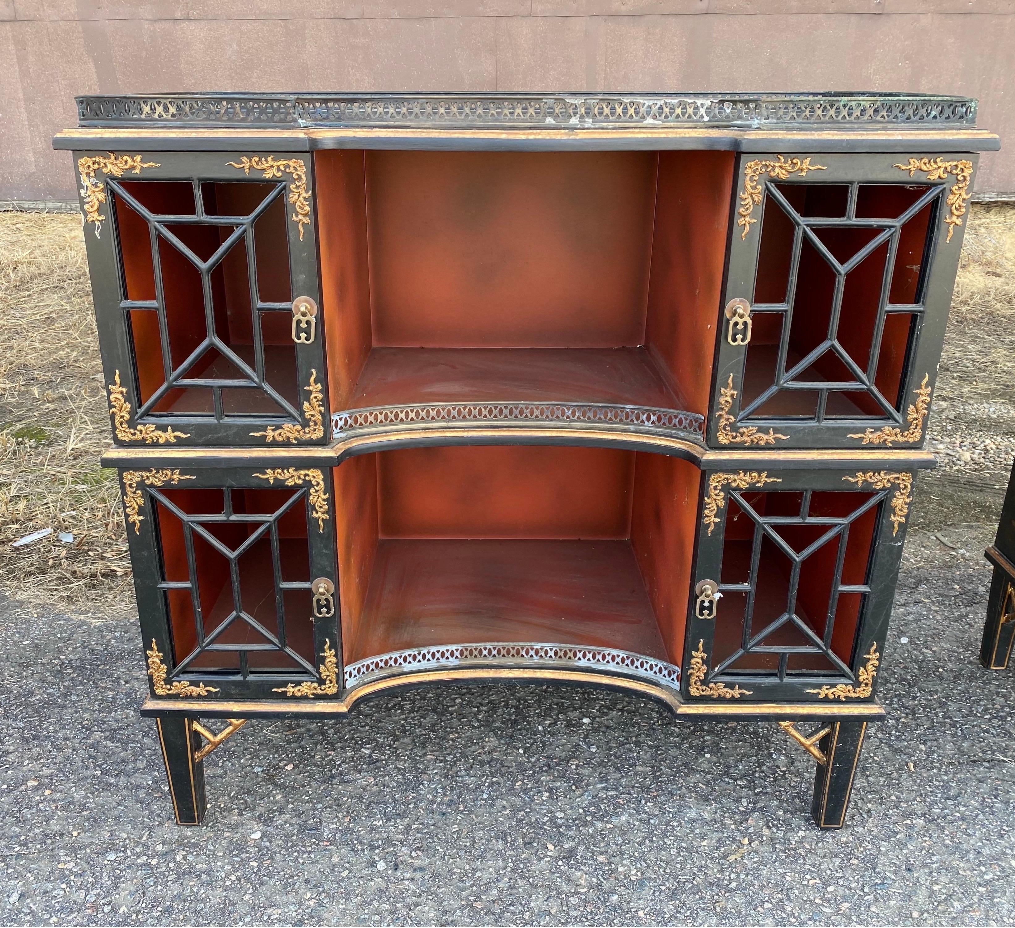 Great pair of vintage chinoiserie cabinets. Great quality, raised chinoiserie decoration. Height is perfect to use for a pair of tables or pair of bedside cabinets.