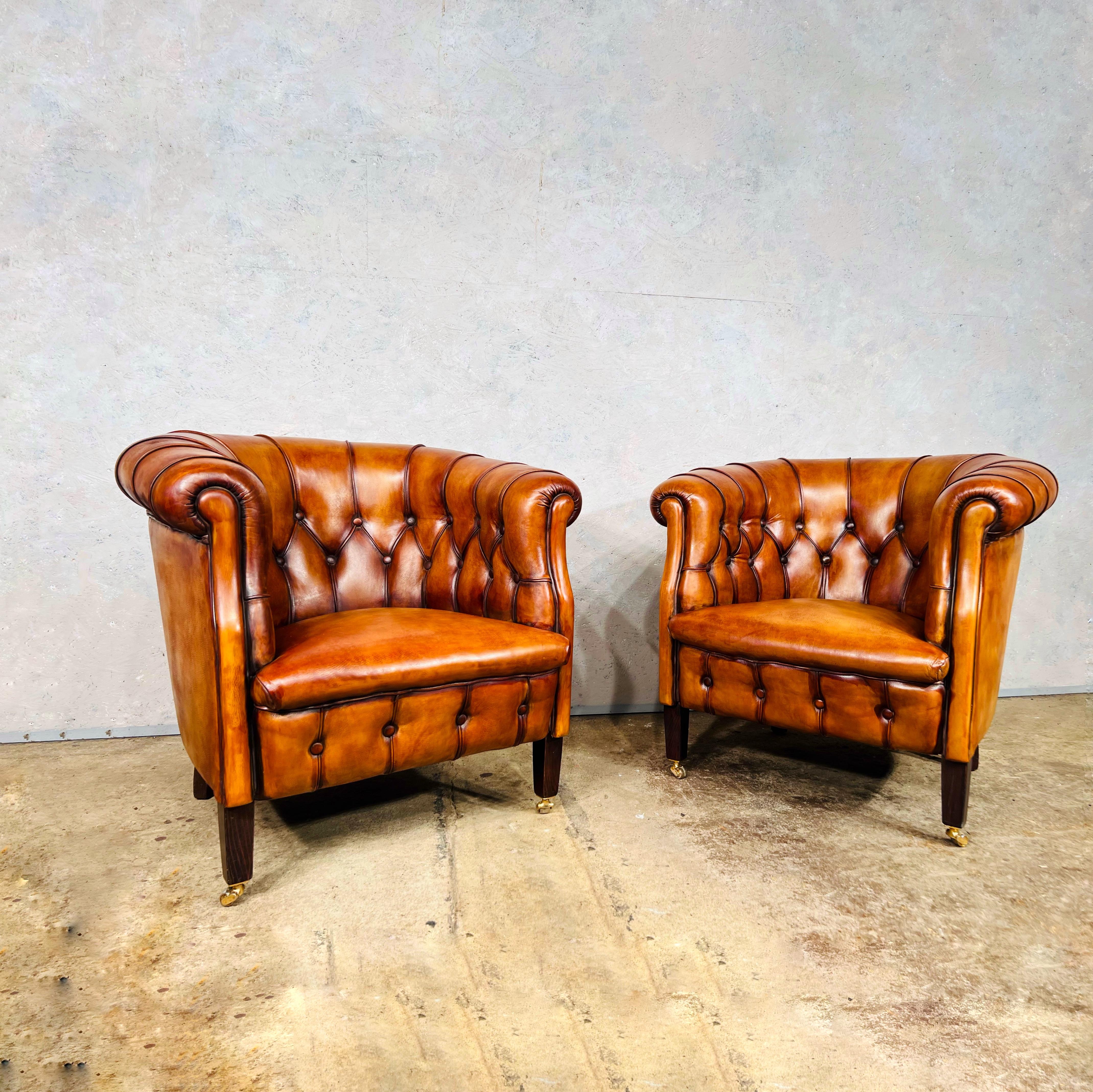 Great pair of vintage light tan leather tub chairs 
They have great proportions, neat in size, very comfortable to sit in.

They have an exceptional tan colour with a beautiful patina and finish.

Exceptional Quality chairs.

Would add a