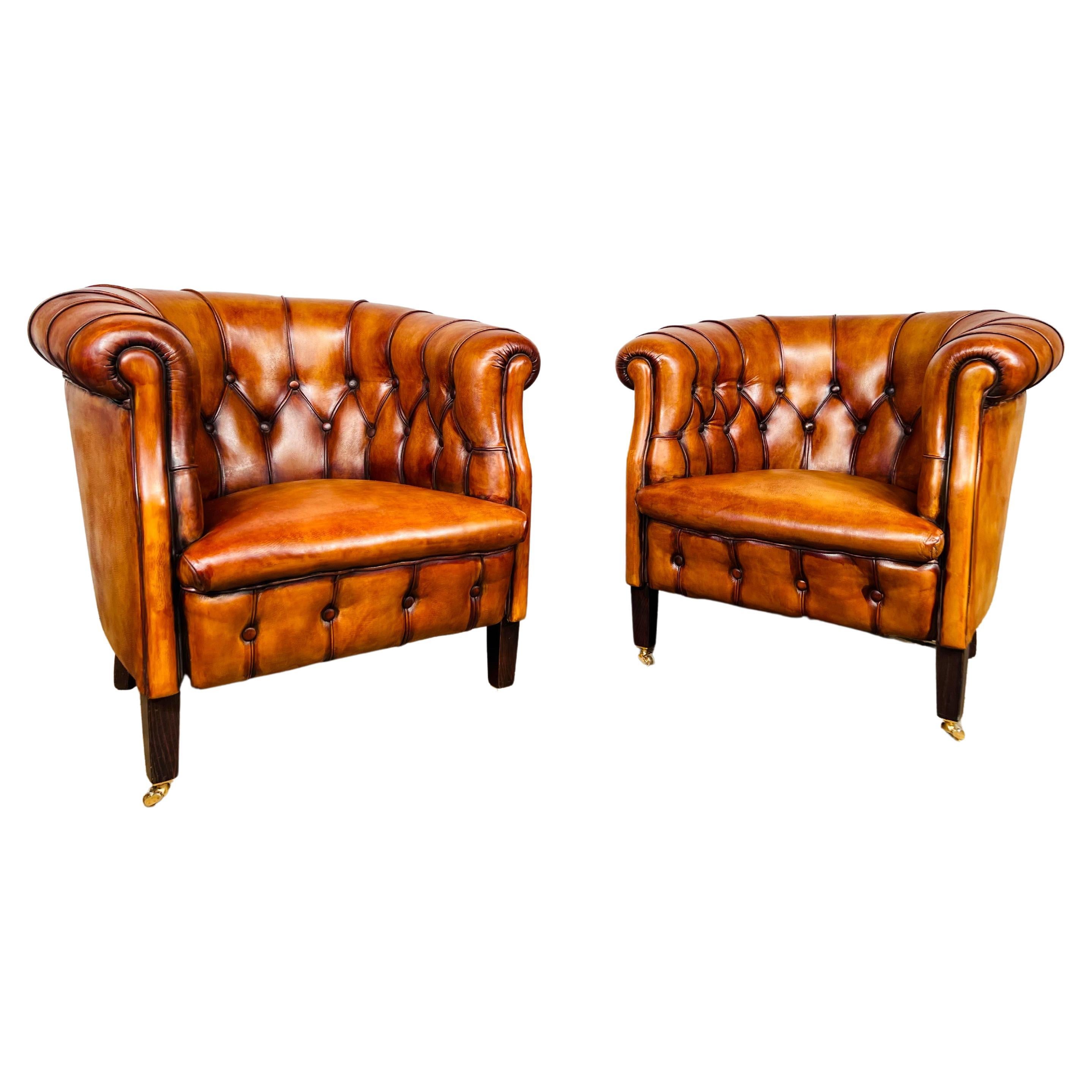 Great Pair of Vintage Light Tan Leather Tub Chairs For Sale