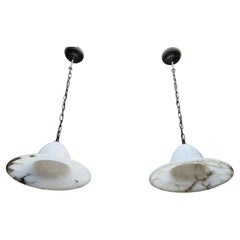 Great Pair / Set of Good Size Antique White Alabaster Pendant Lights / Fixtures