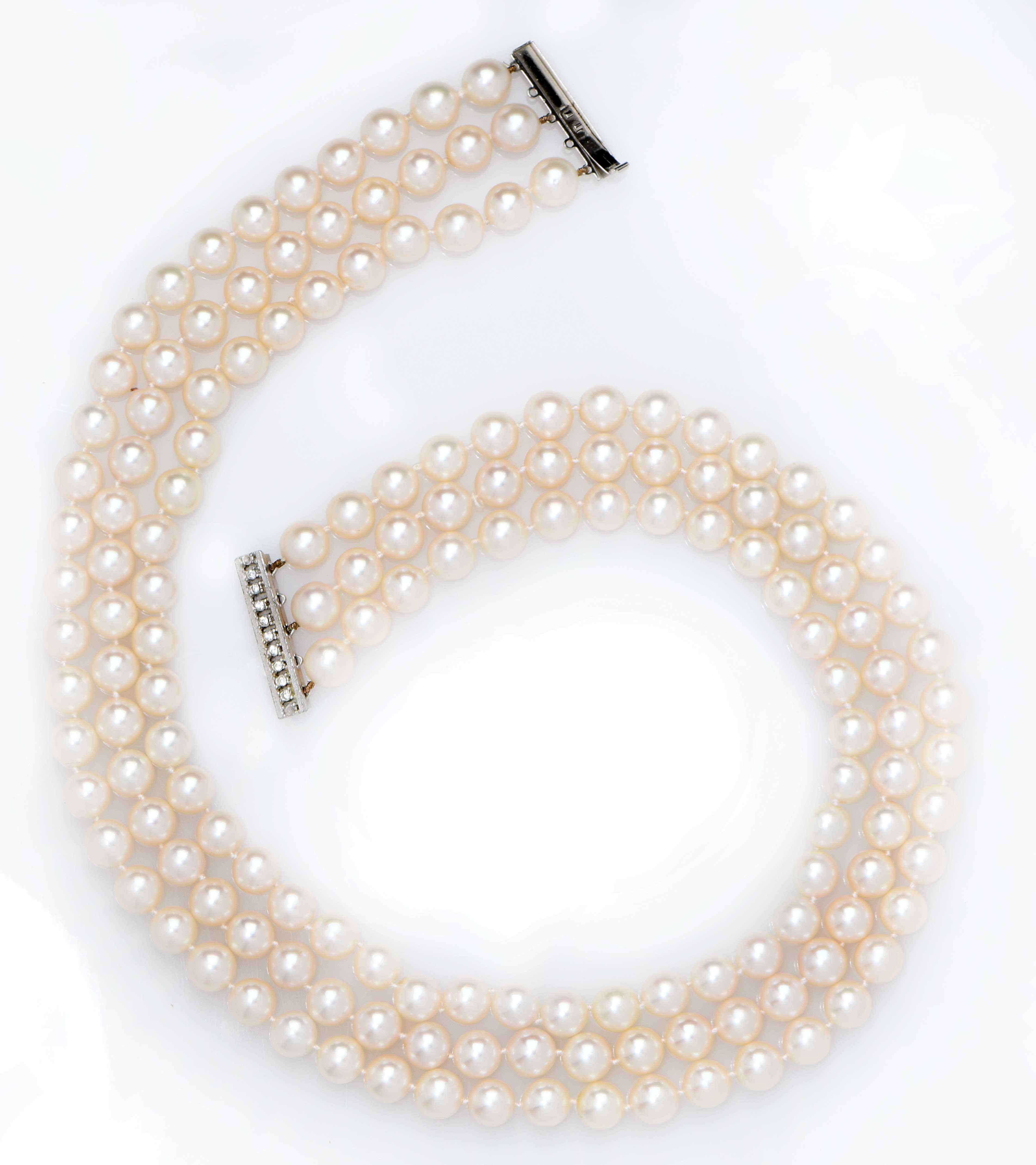 Modern Great Quality Akoya Triple Row Cultured Pearl Necklace with Diamond Clasp