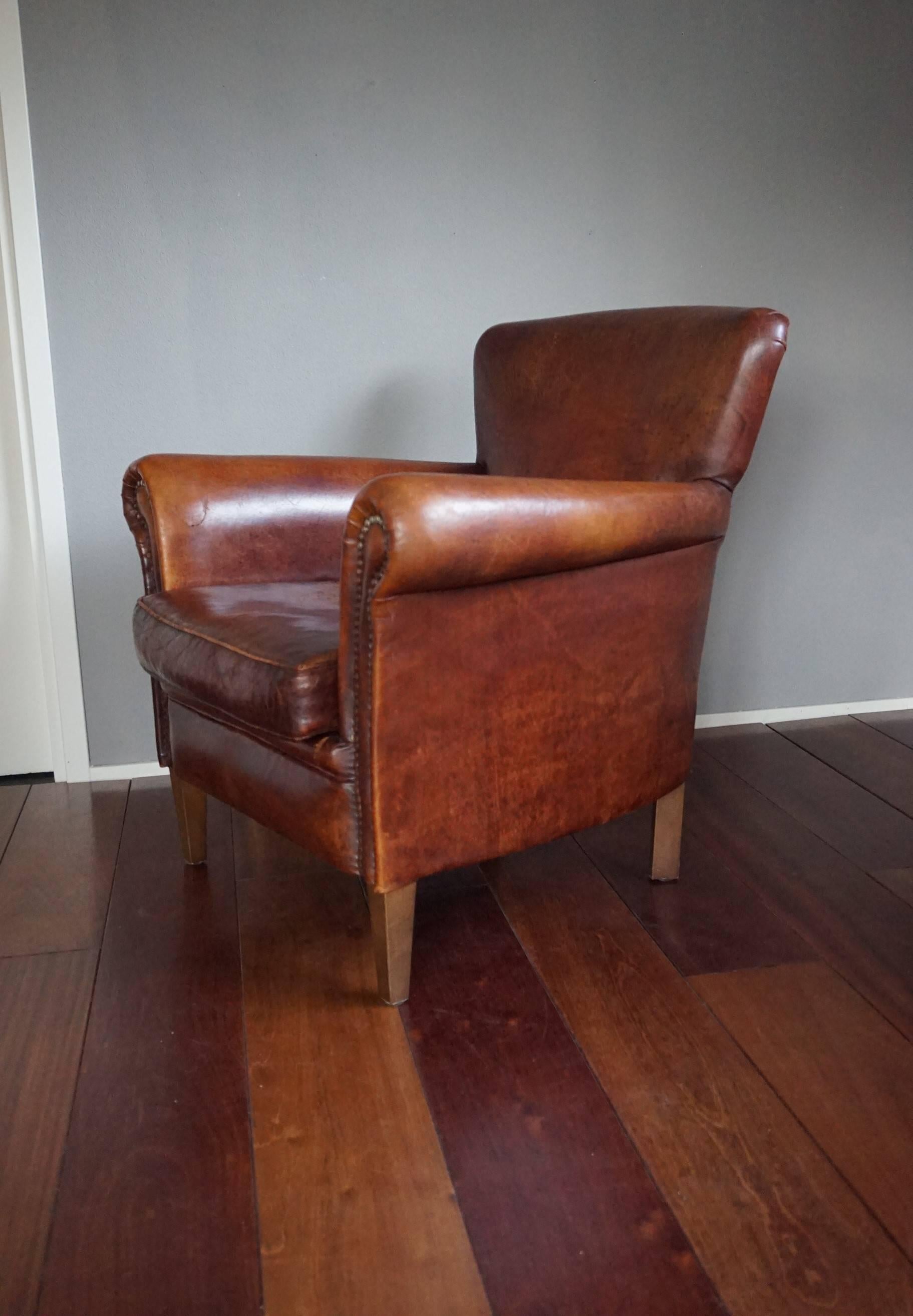 Dutch Great Quality and Condition Sheep Leather & Wood Chair Armchair with Warm Patina