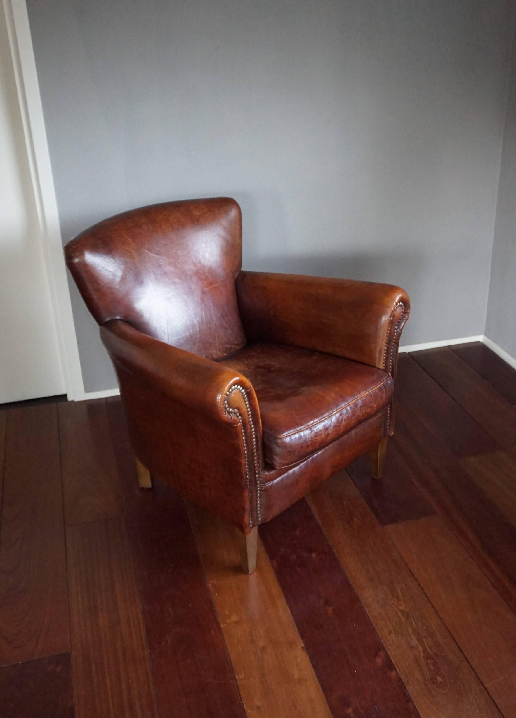 Patinated Great Quality and Condition Sheep Leather & Wood Chair Armchair with Warm Patina