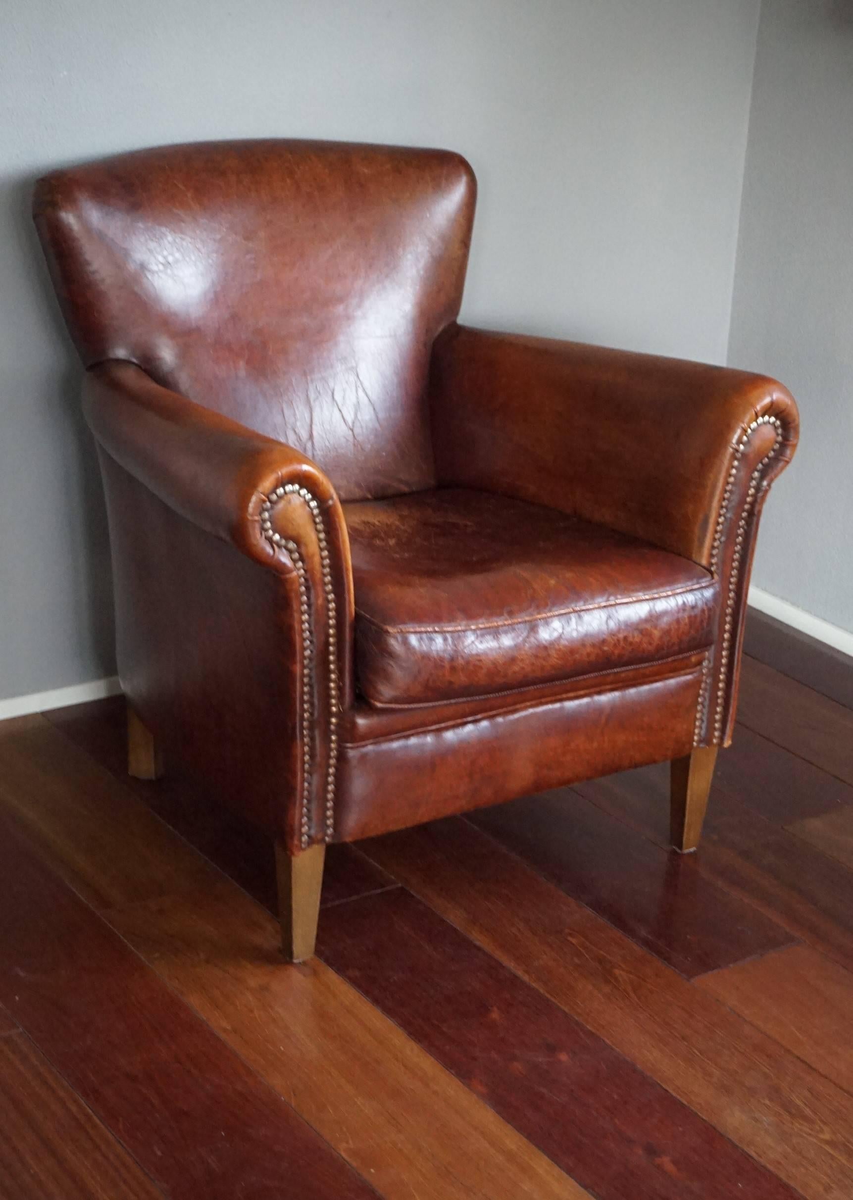 Great Quality and Condition Sheep Leather & Wood Chair Armchair with Warm Patina 2