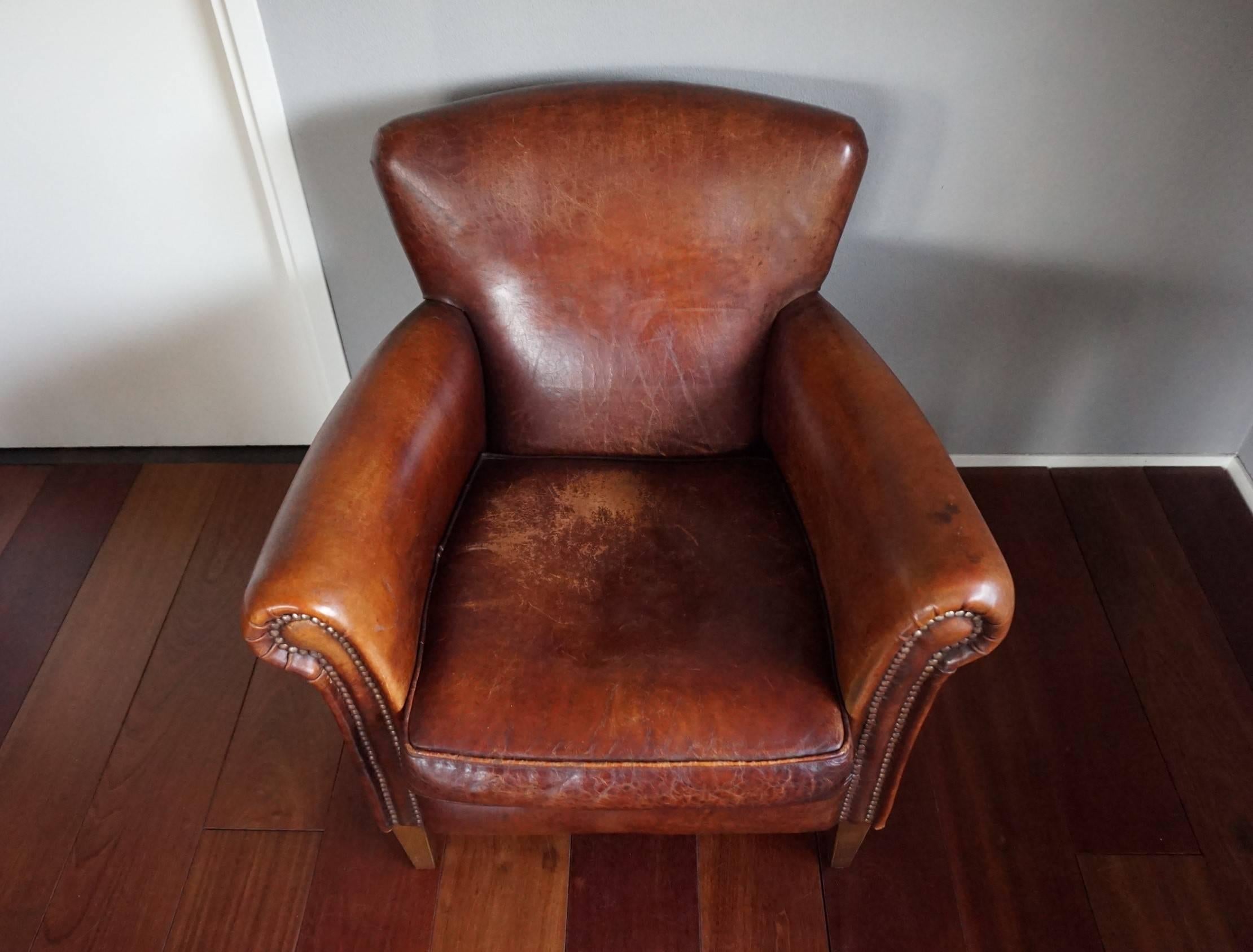 Great Quality and Condition Sheep Leather & Wood Chair Armchair with Warm Patina 3