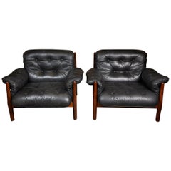 Great Quality Black  Leather and Teak  Brazilian Armchairs by Jean Gillon