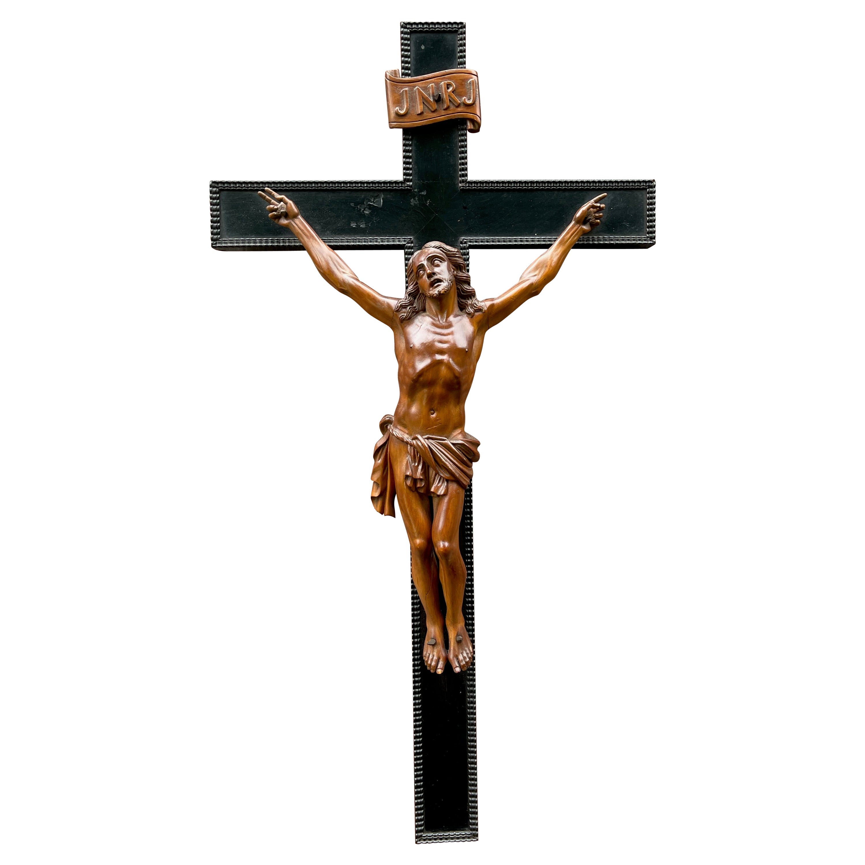 Great Quality Carved 
Superb Condition Wooden Corpus Christi on Crucifix, 1800s