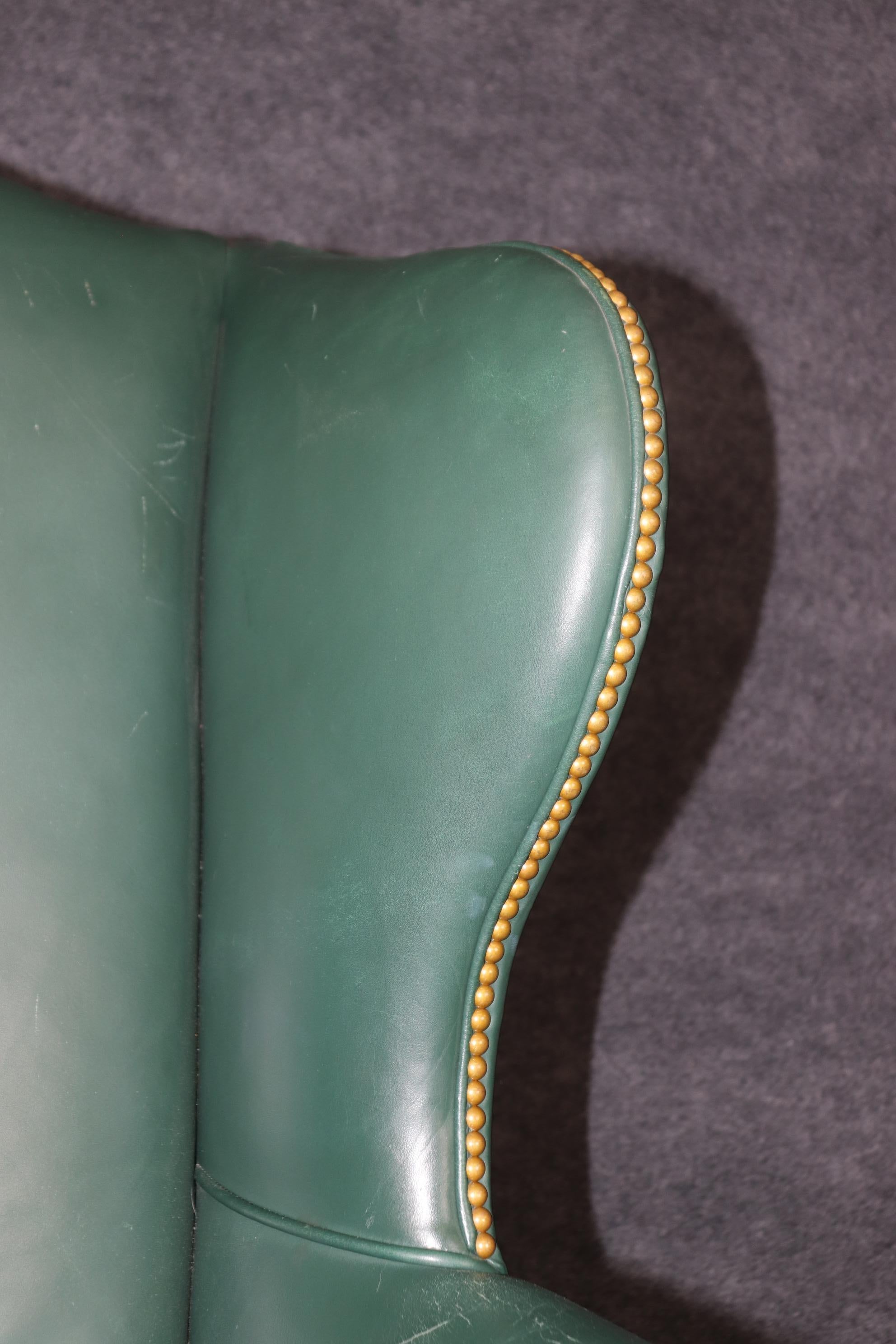 Great Quality Century Green Leather Wingback Chair and Ottoman For Sale 3