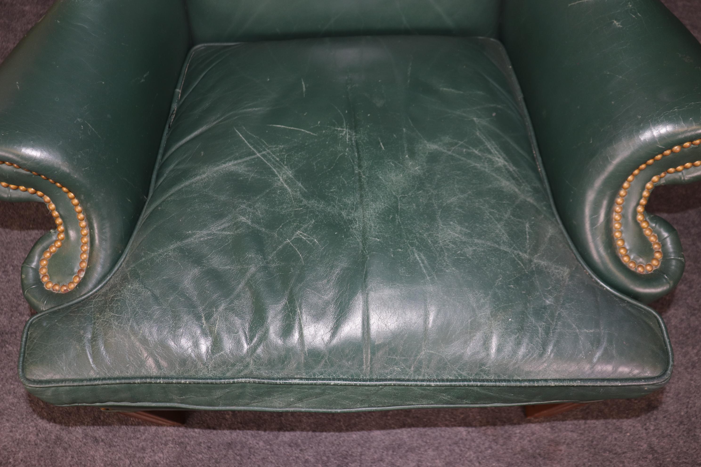 Great Quality Century Green Leather Wingback Chair and Ottoman For Sale 4