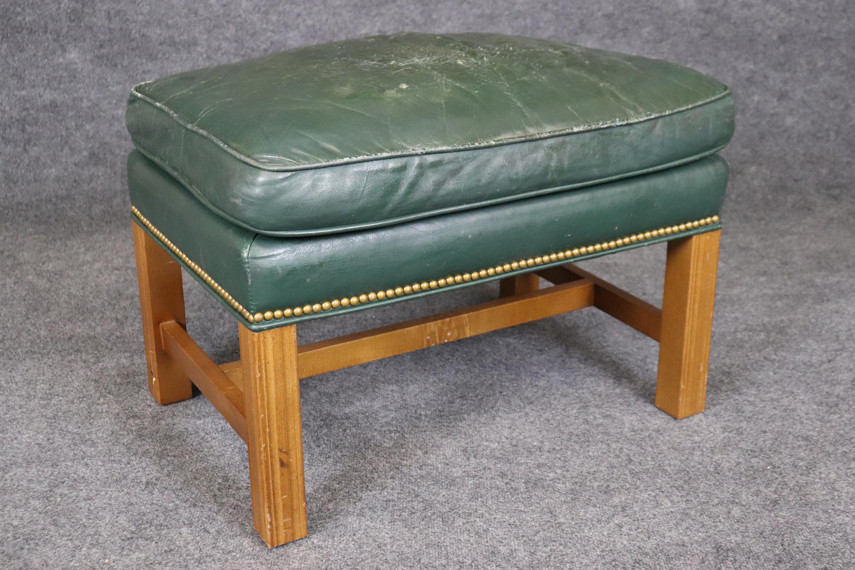 Great Quality Century Green Leather Wingback Chair and Ottoman For Sale 5