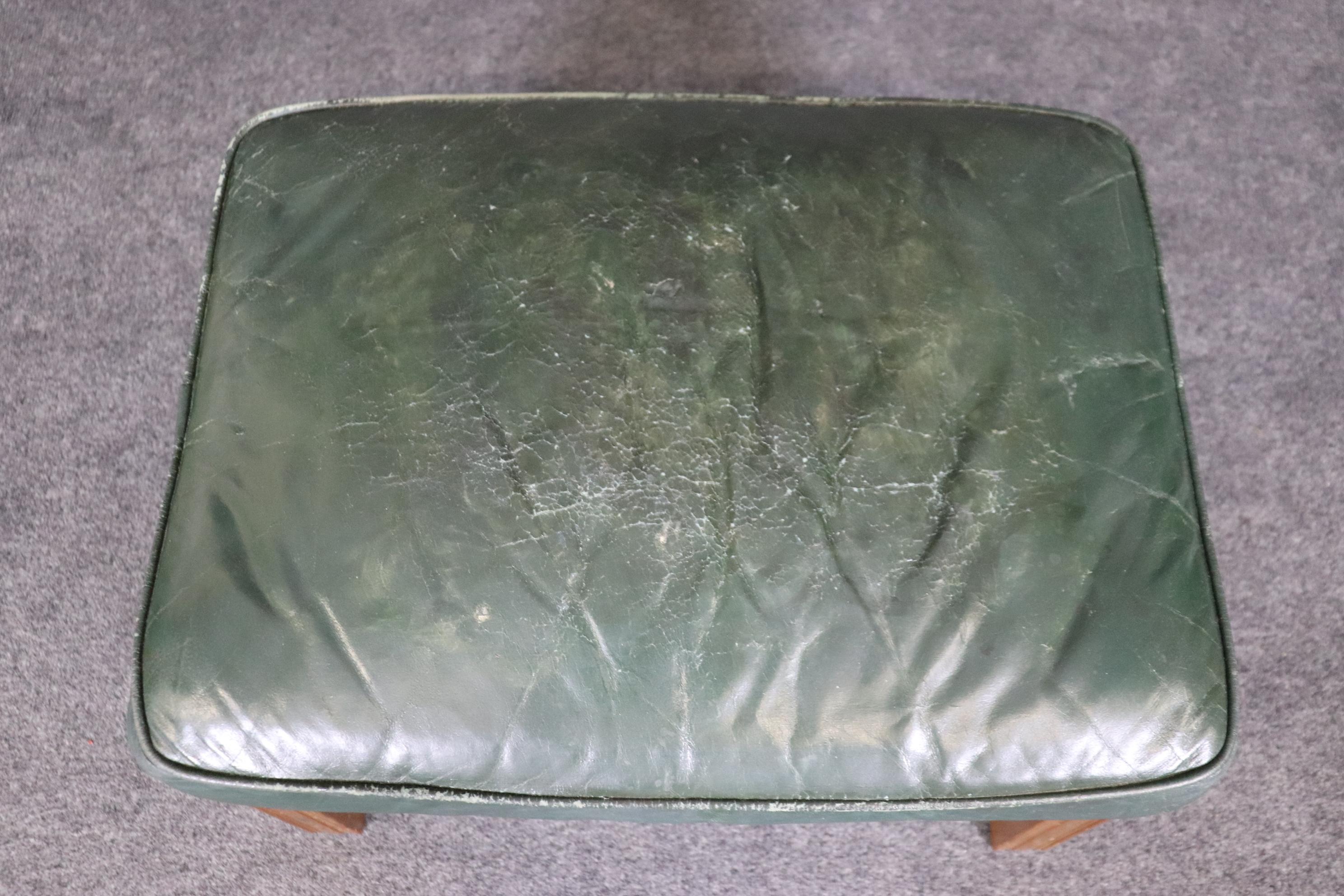 Great Quality Century Green Leather Wingback Chair and Ottoman For Sale 6