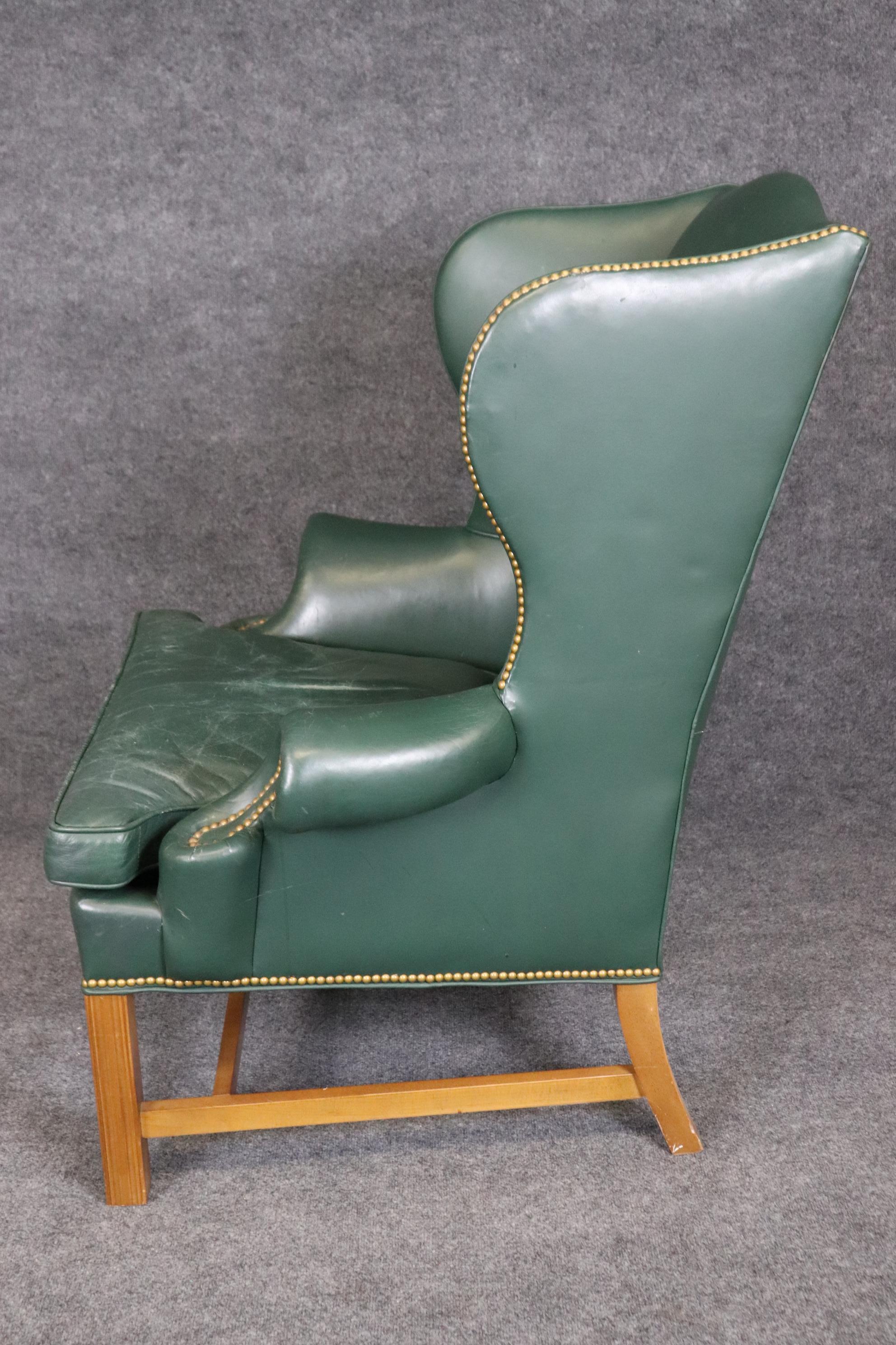 Chippendale Great Quality Century Green Leather Wingback Chair and Ottoman For Sale