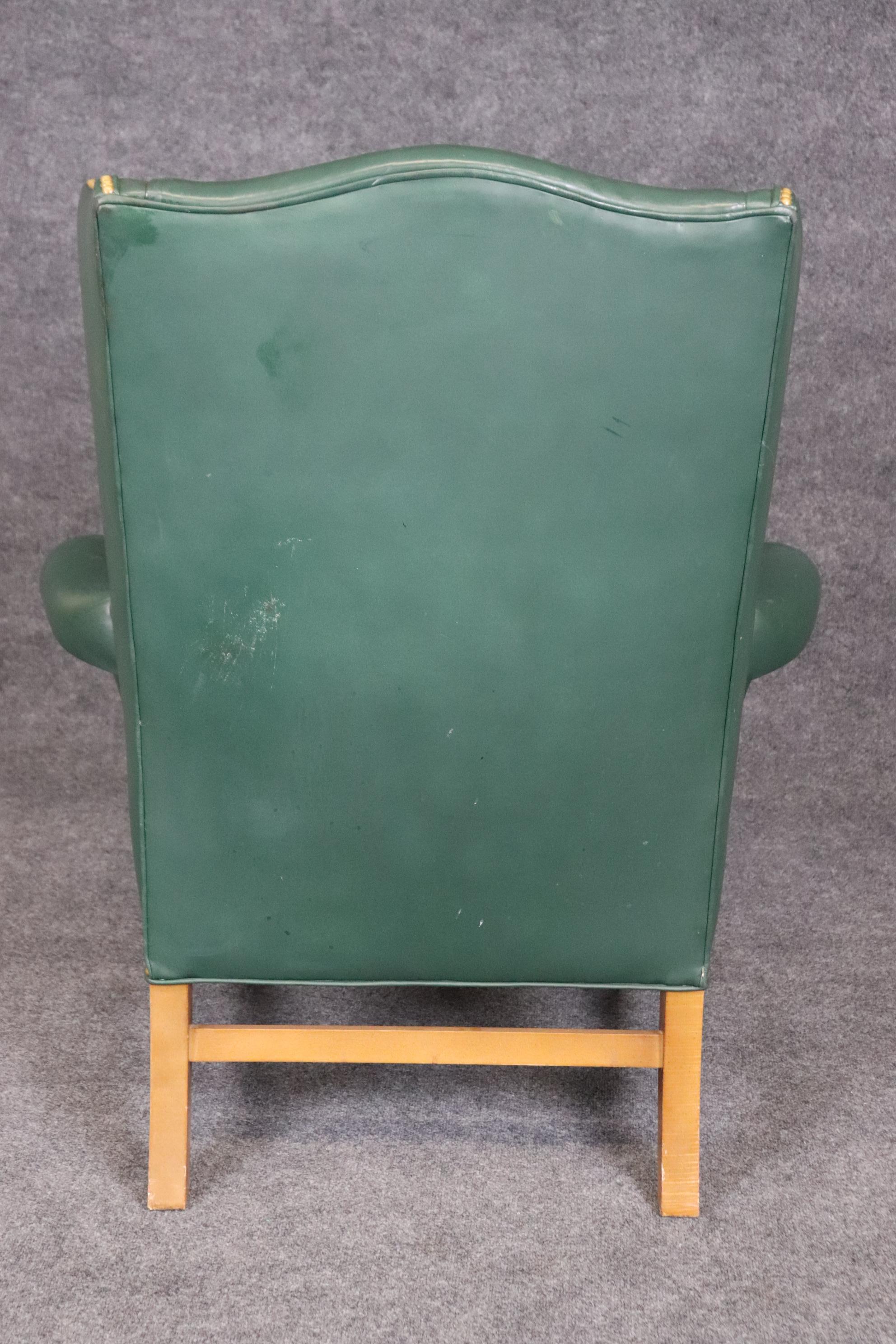 American Great Quality Century Green Leather Wingback Chair and Ottoman For Sale