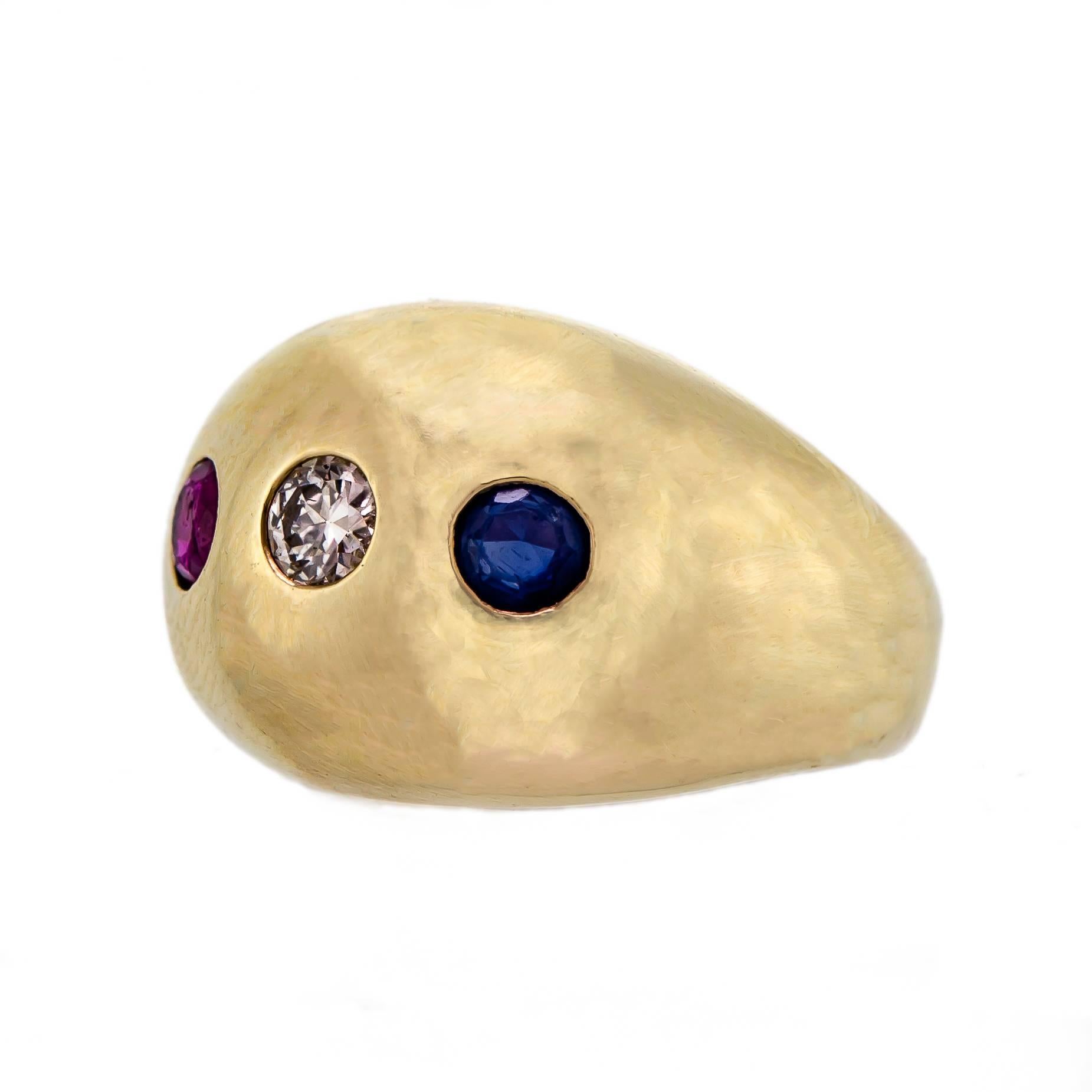 Fantastic Circa 1940 Retro 14kt yellow gold and gemstone red white and blue (Very Patriotic!) dome ring set with one natural brilliant cut diamond approx .20 ct. and one brilliant cut synthetic sapphire and one brilliant cut synthetic ruby
