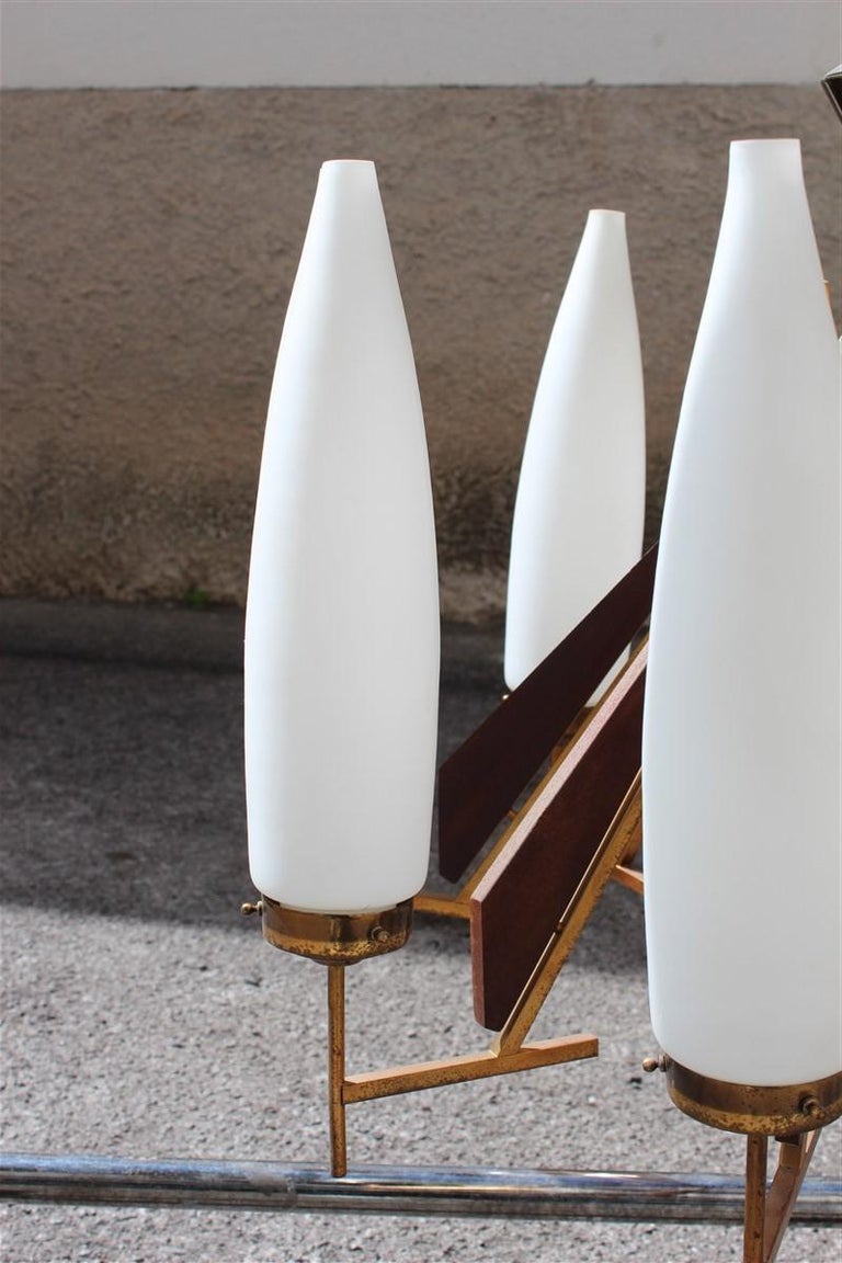 Great Round Midcentury Chandelier Brass Teak Wood White Glass Esperia Design For Sale 1
