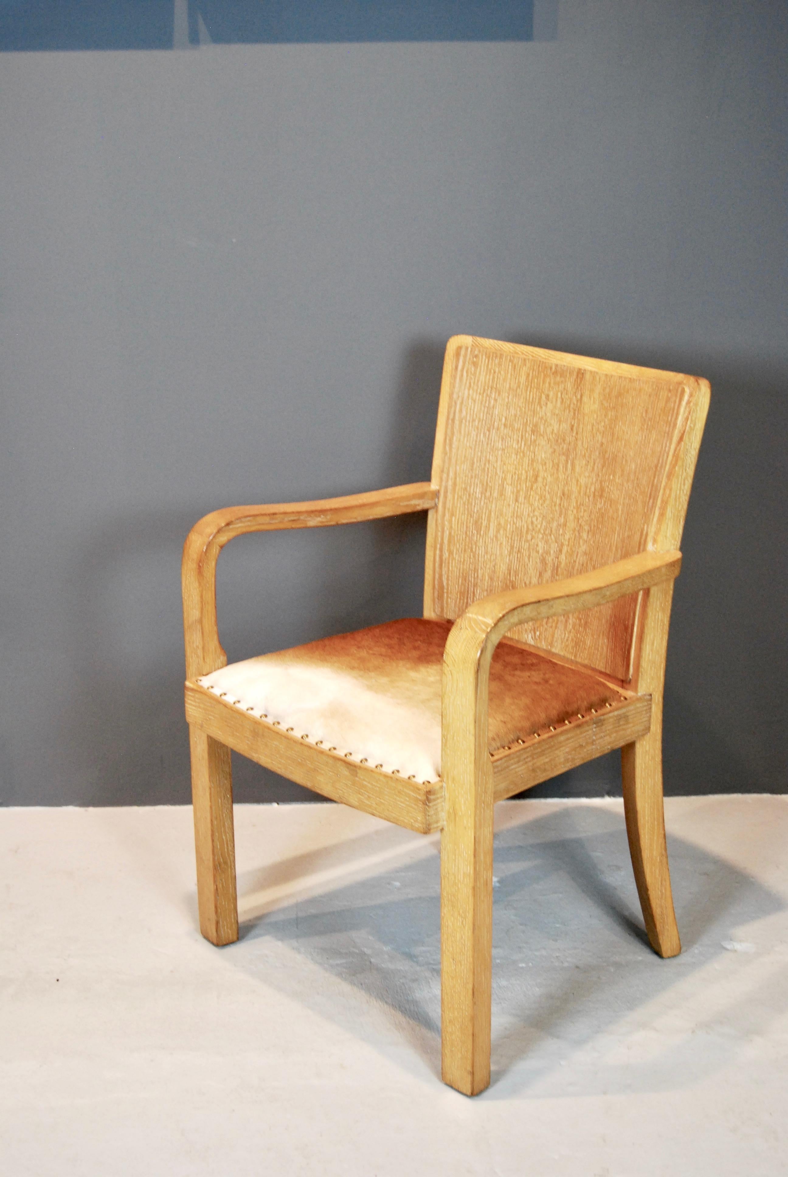 French Great Scale Armchair in Cerused Oak and Leather For Sale