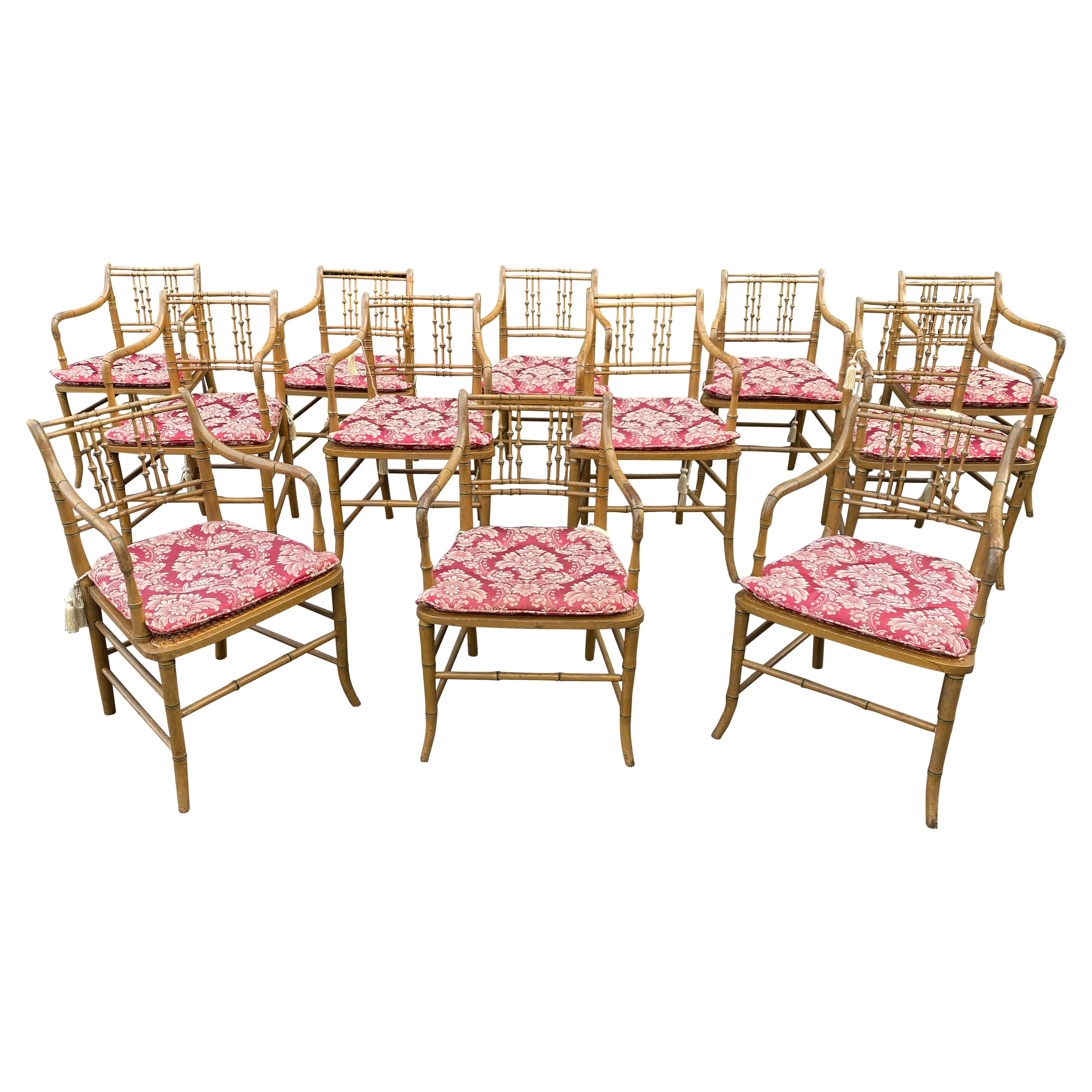 Great Set of 12 Paint Decorated 19th Century Faux Bamboo Armchairs For Sale