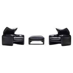 Great set of 2 Maralunga's + poof in black leather - Vico Magistretti - Cassina