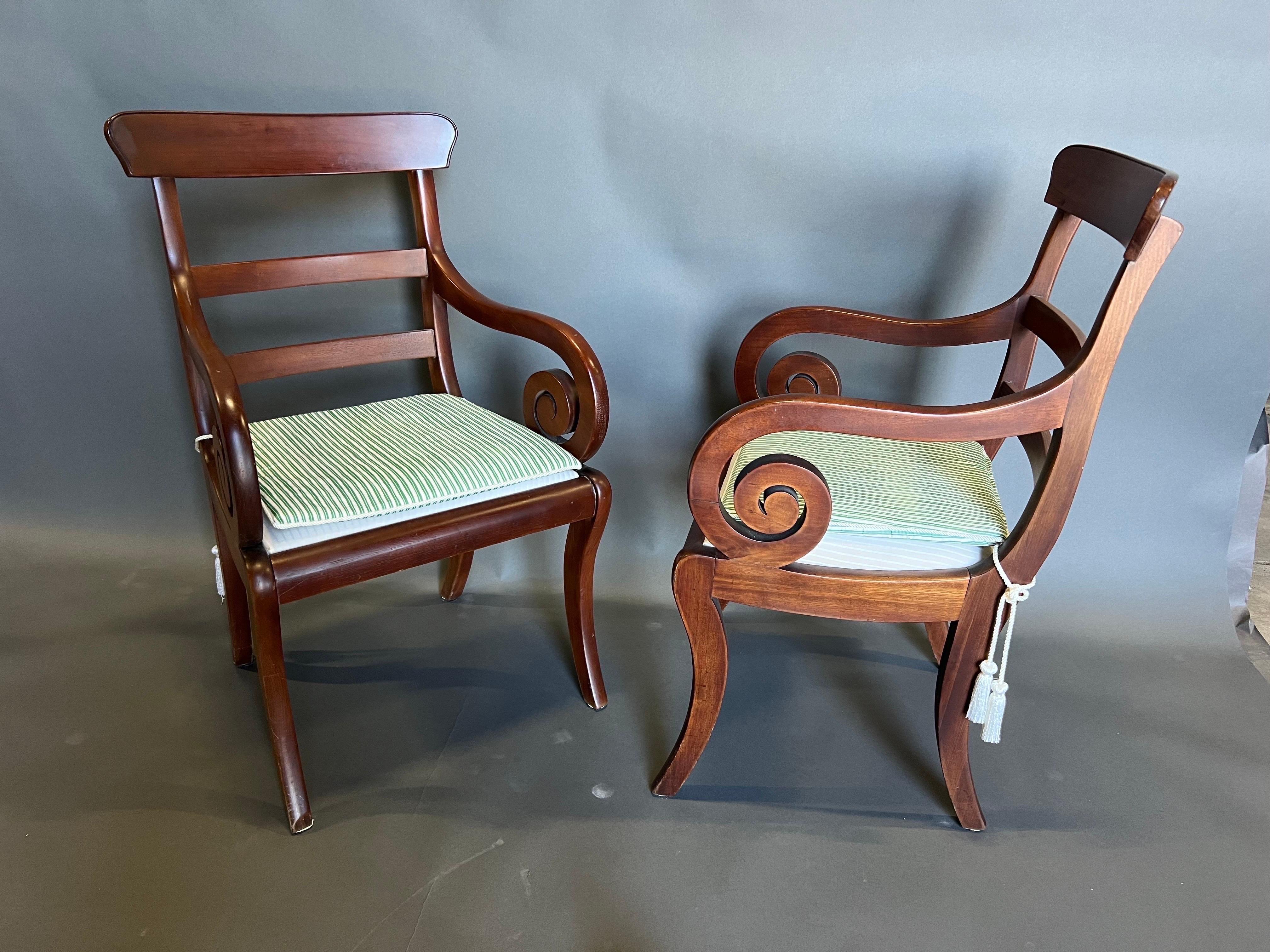 Great set of 8 19th century English mahogany armchairs. All 8 chairs are armchairs and sit very comfortably. Upholstered seats could be redone- currently 4 have one pattern and the other 4 have a different pattern as were used in two different rooms