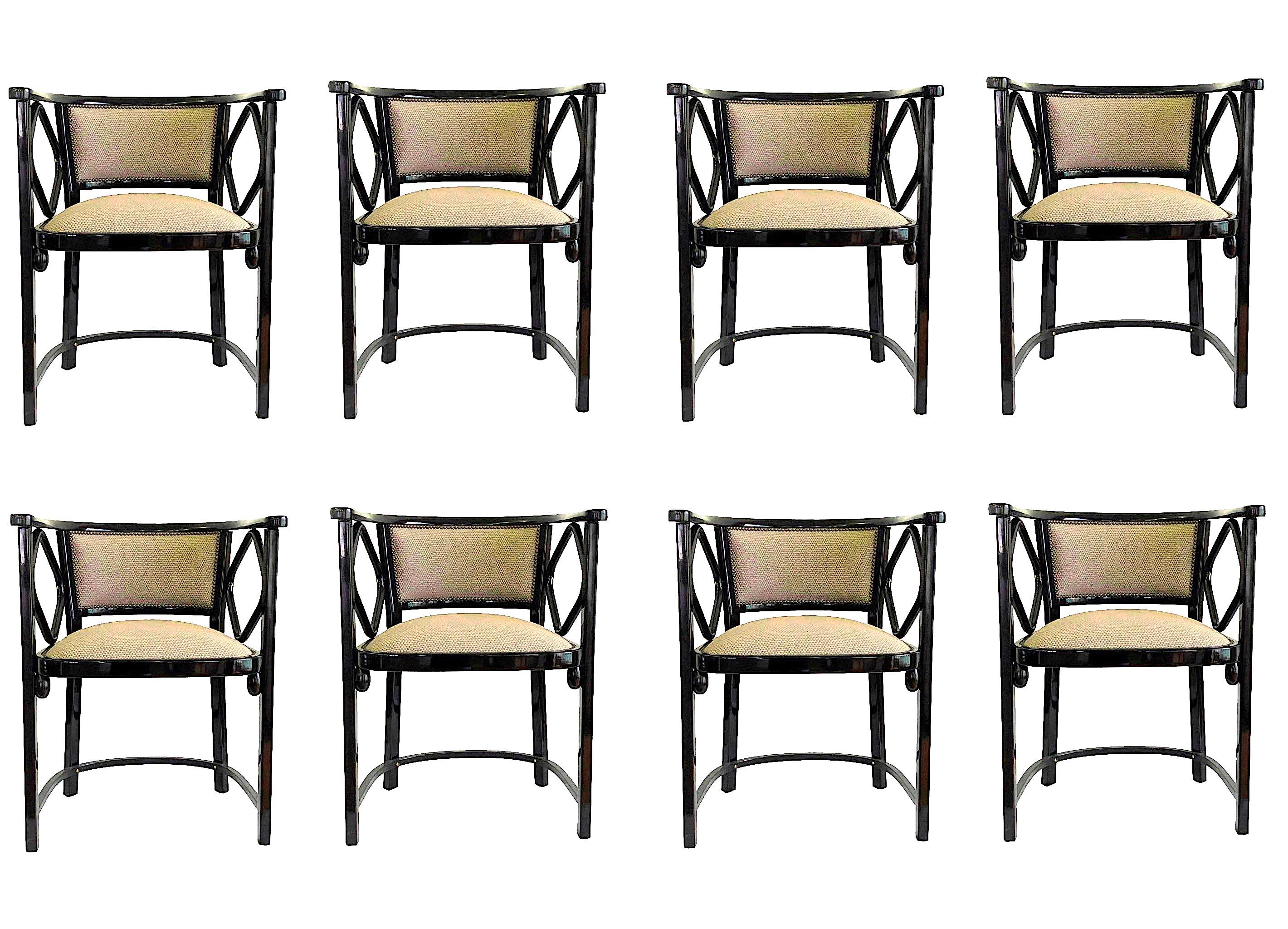 Set of eight armchairs by Thonet, Austria. 
The chairs were a part of a set made on order for a Villa in Götzens, Tirol, Austria
Designer: Josef Hoffmann
Materials : Steamed bent beechwood, high gloss french polish, brass screws, brass upholstery