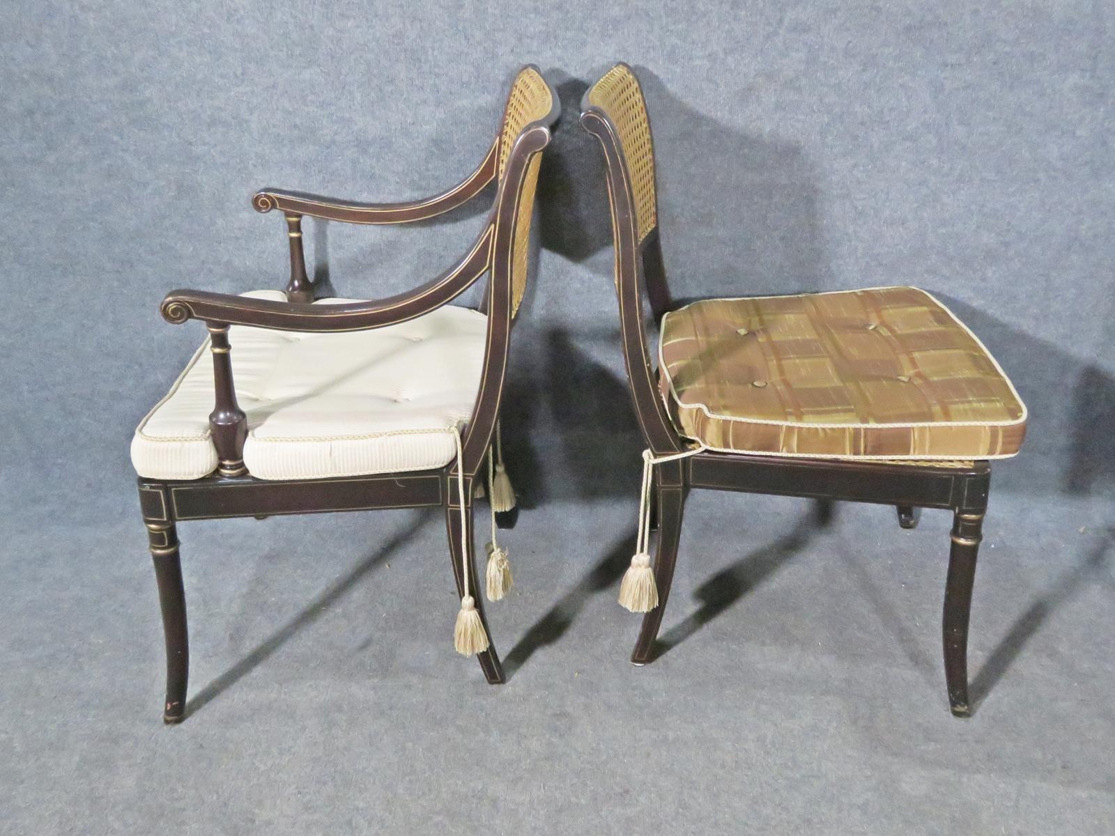 Great Set of 8 Cane Back English Regency Style Ebonized Dining Chairs 6