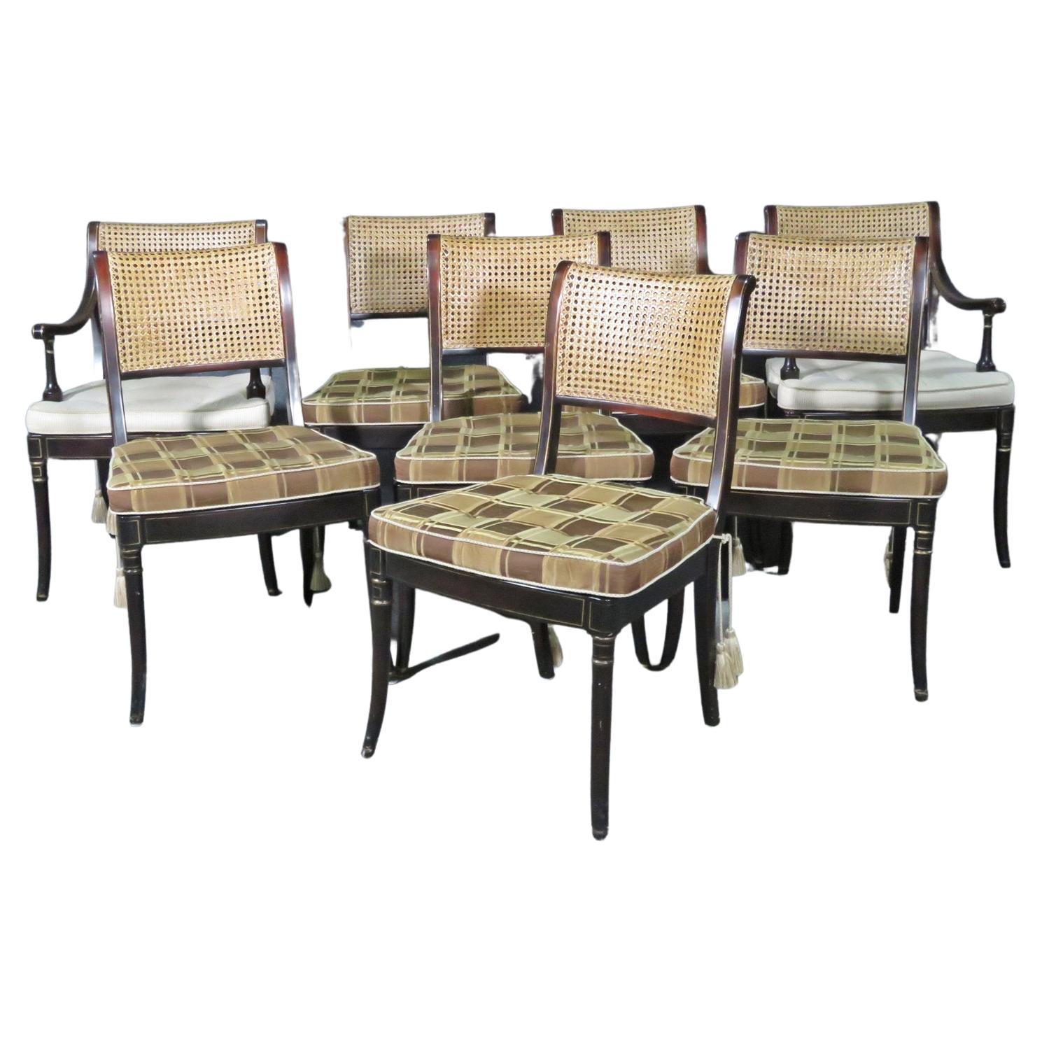 Great Set of 8 Cane Back English Regency Style Ebonized Dining Chairs