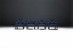 Great set of Cab 414 dining chair in blue leather by Mario Bellini for Cassina