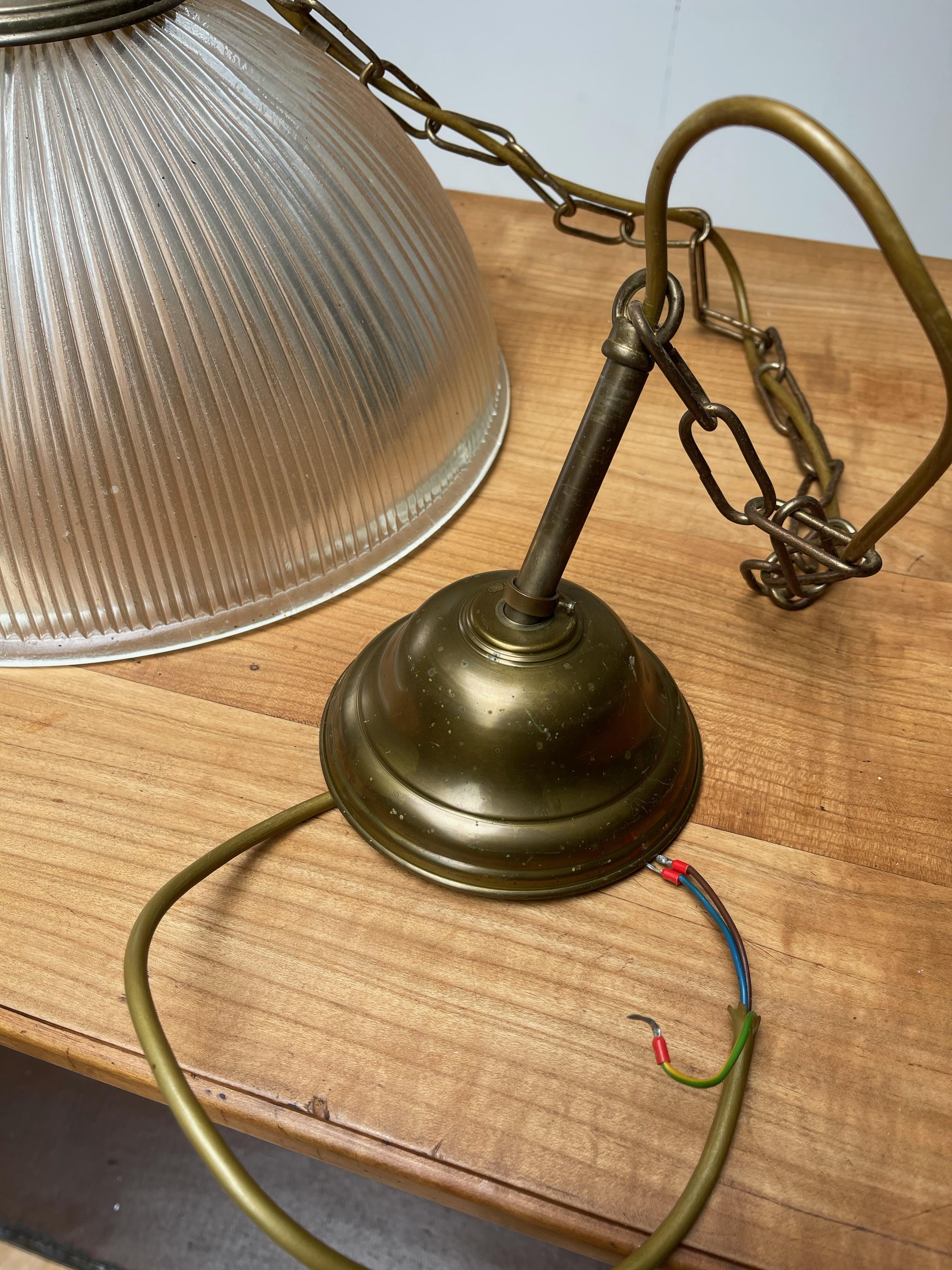 Set of 4 Midcentury Modern Brass and Glass Holophane Style Pendant Lights 7