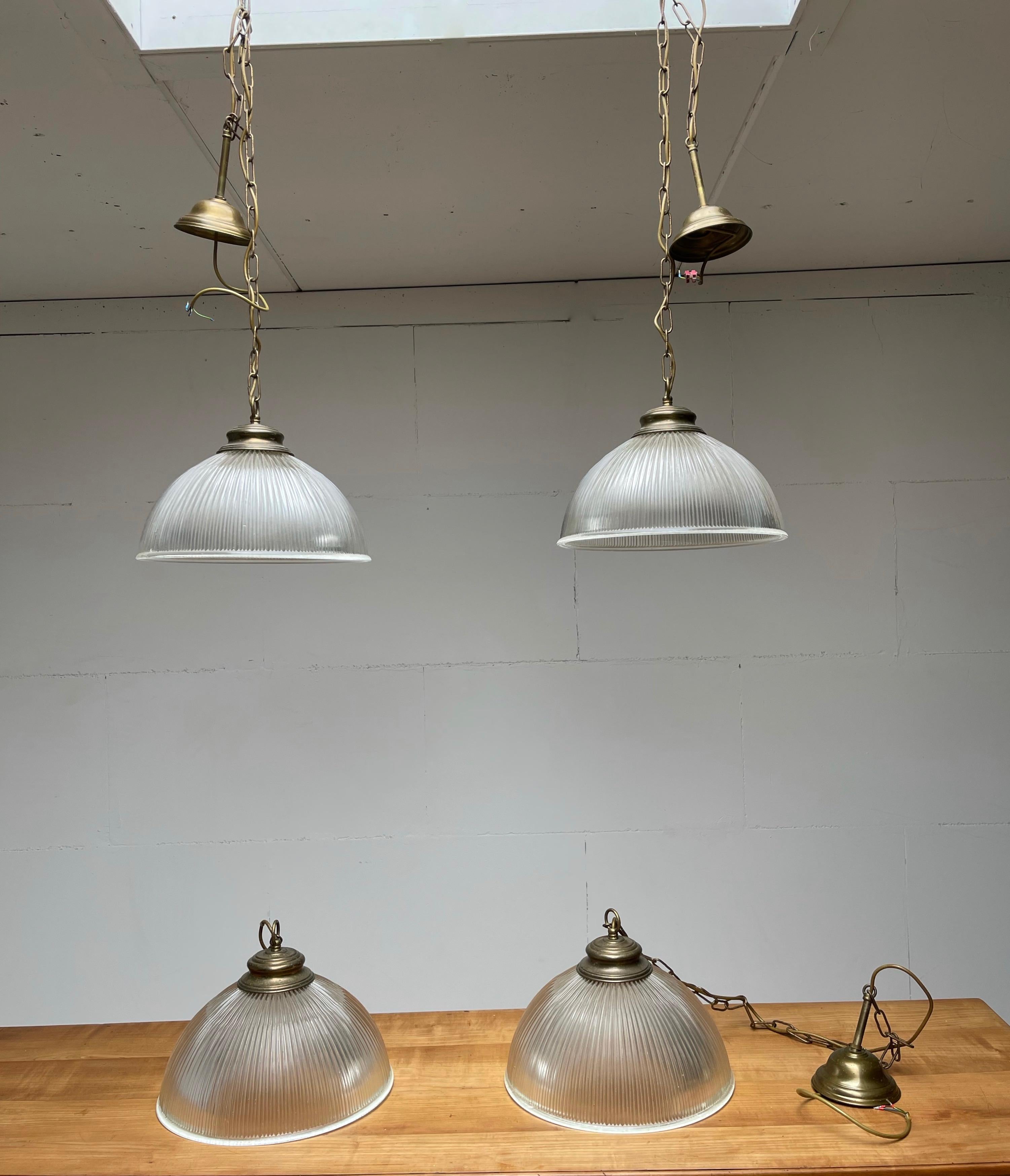 Mid-Century Modern Set of 4 Midcentury Modern Brass and Glass Holophane Style Pendant Lights