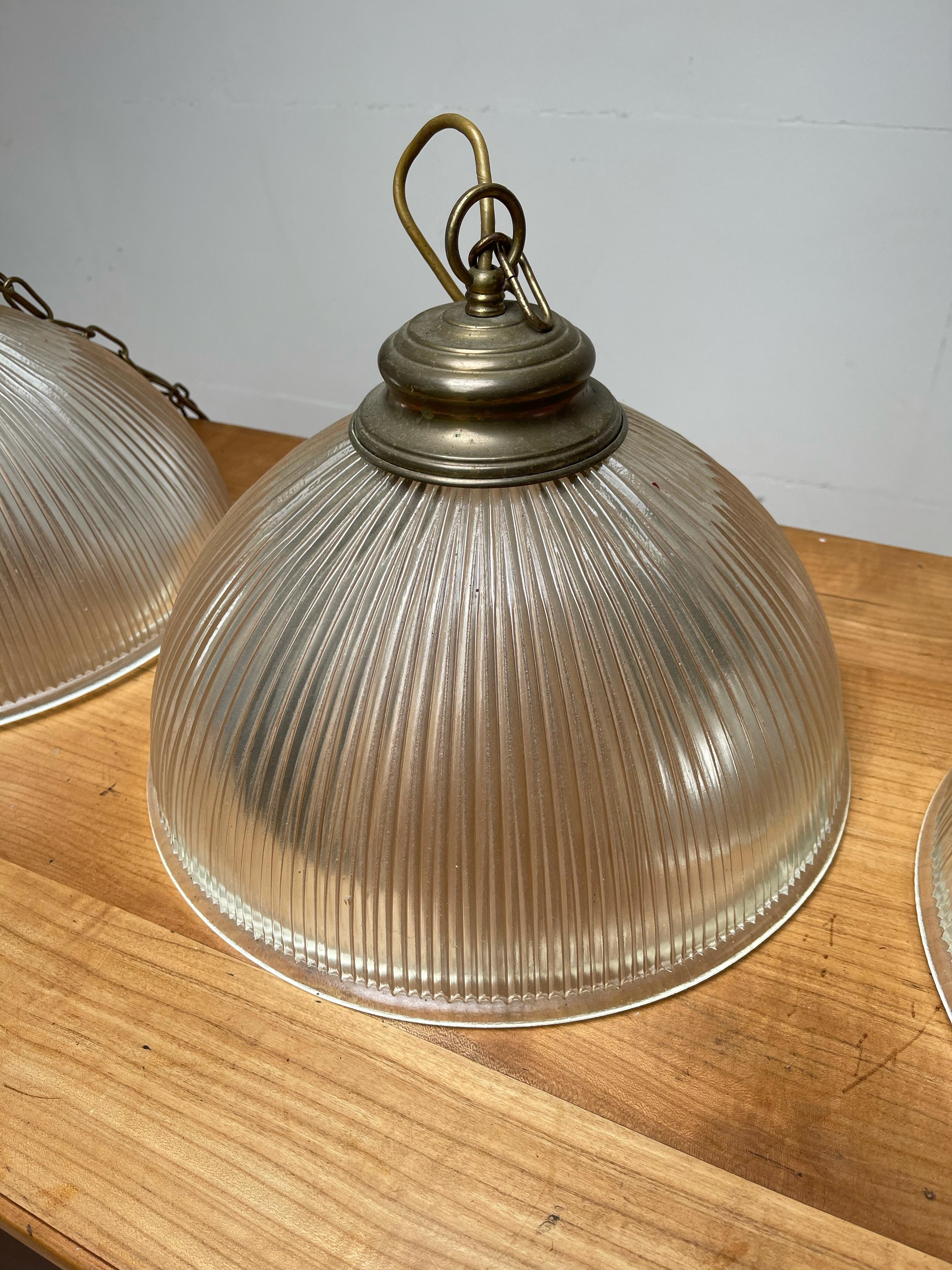 Set of 4 Midcentury Modern Brass and Glass Holophane Style Pendant Lights 1