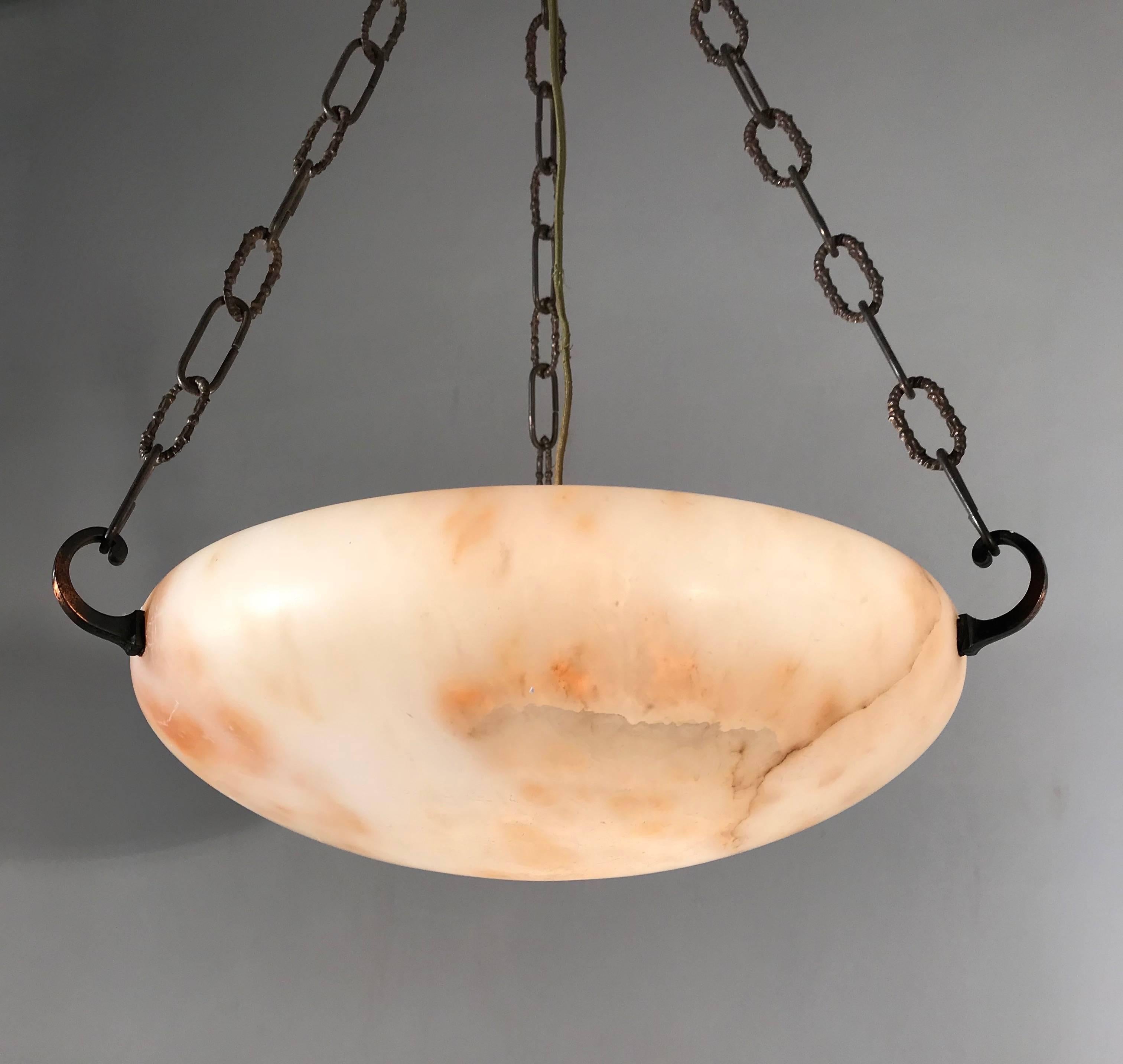 Brass Great Shape Art Deco Alabaster Pendant or Ceiling Lamp Warm and Colorful 