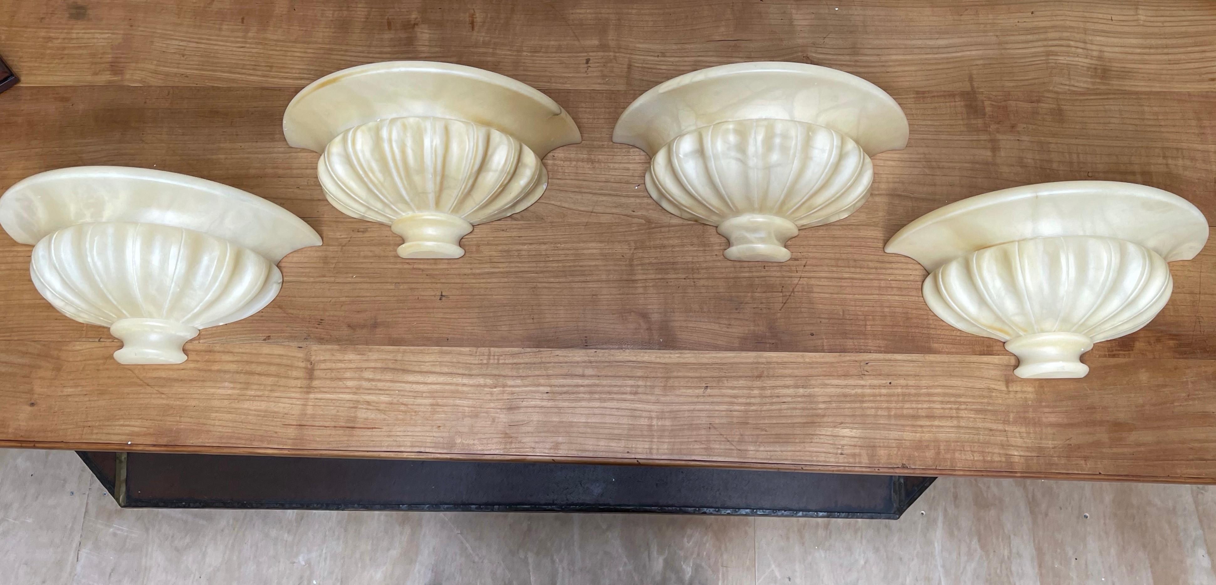 Great Shape Set of 4 Art Deco Style Alabaster Wall Sconces / Fixtures For Sale 2