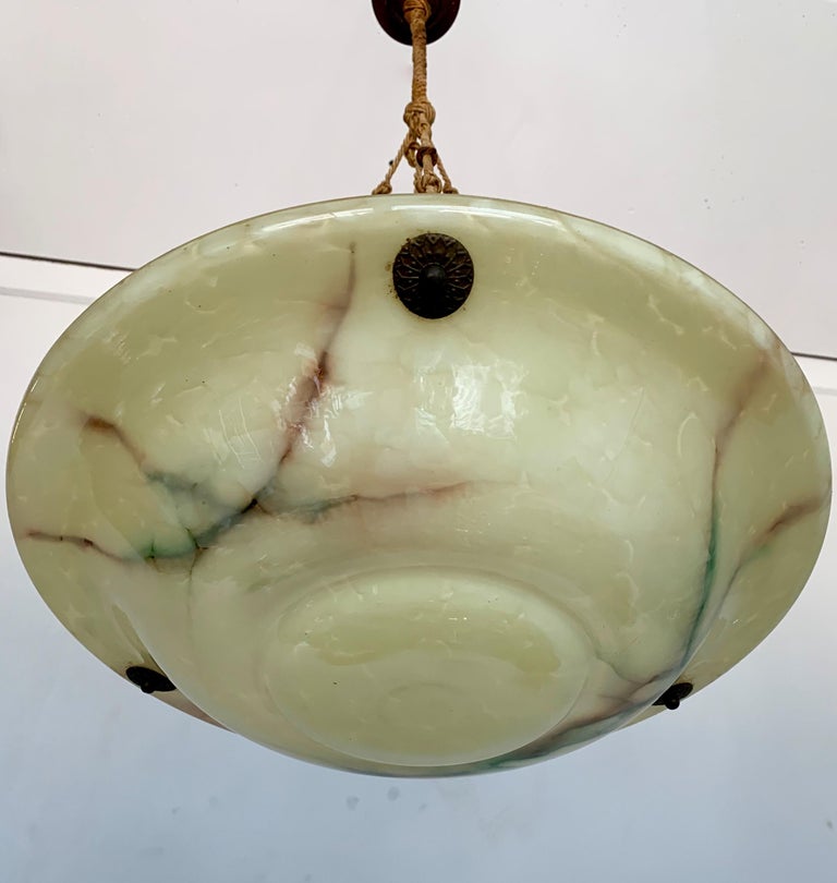 Brass Great Shape, Size and Color, 1920s Art Deco Glass Pendant Light / Ceiling Lamp For Sale