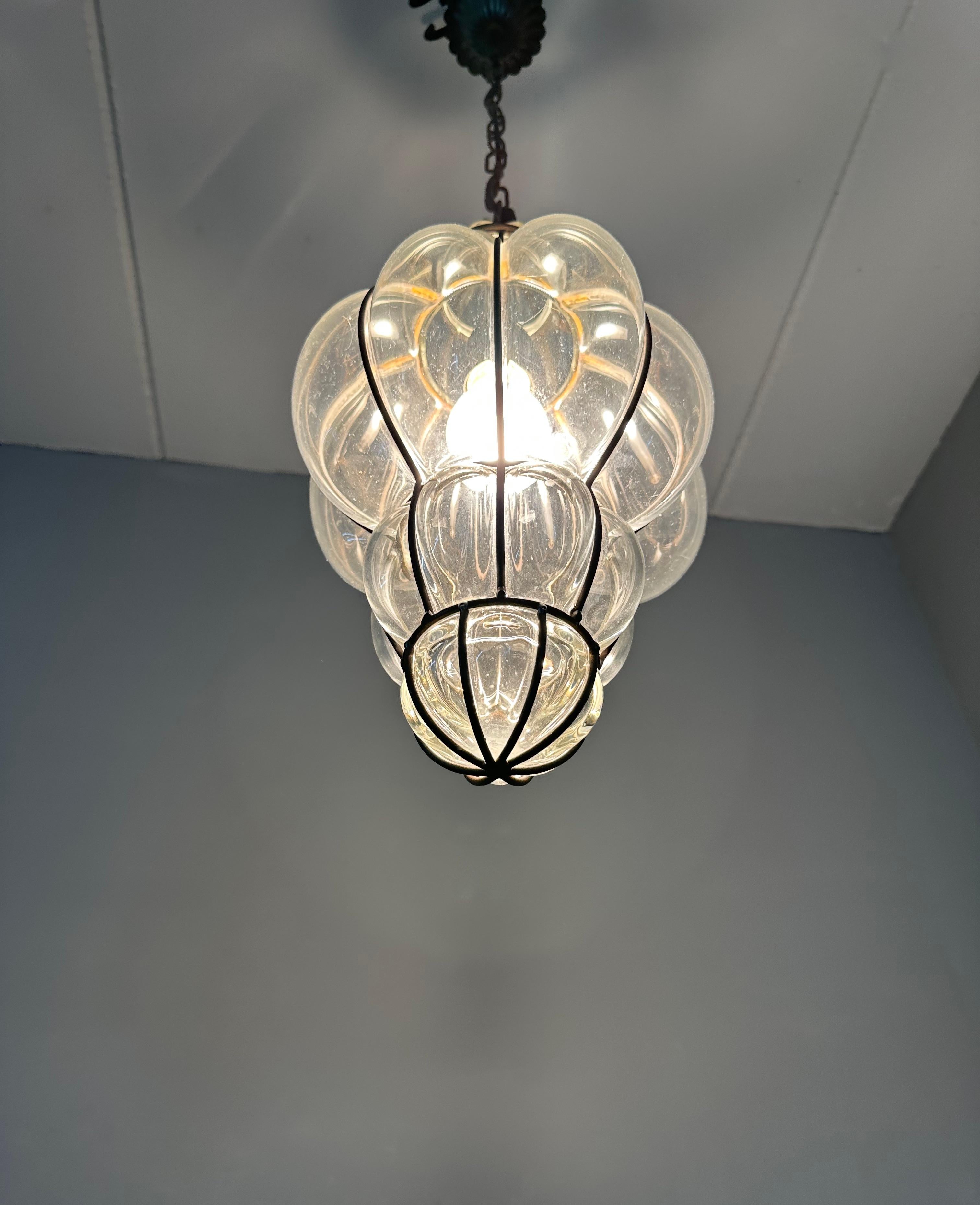 Great Shape Venetian Mouth Blown Glass in Hand Knotted Metal Frame Pendant Light For Sale 1