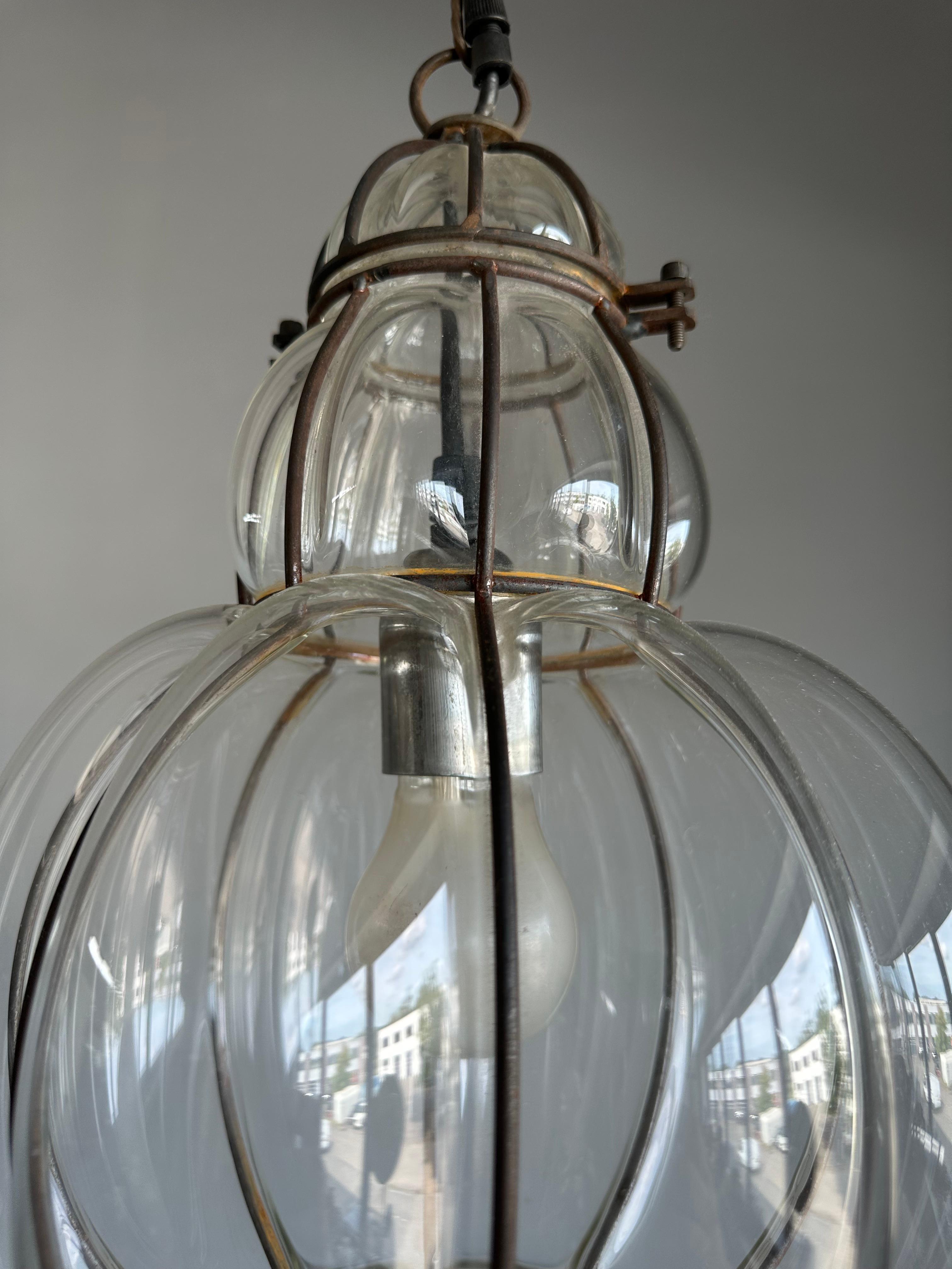 Great Shape Venetian Mouth Blown Glass in Hand Knotted Metal Frame Pendant Light For Sale 5