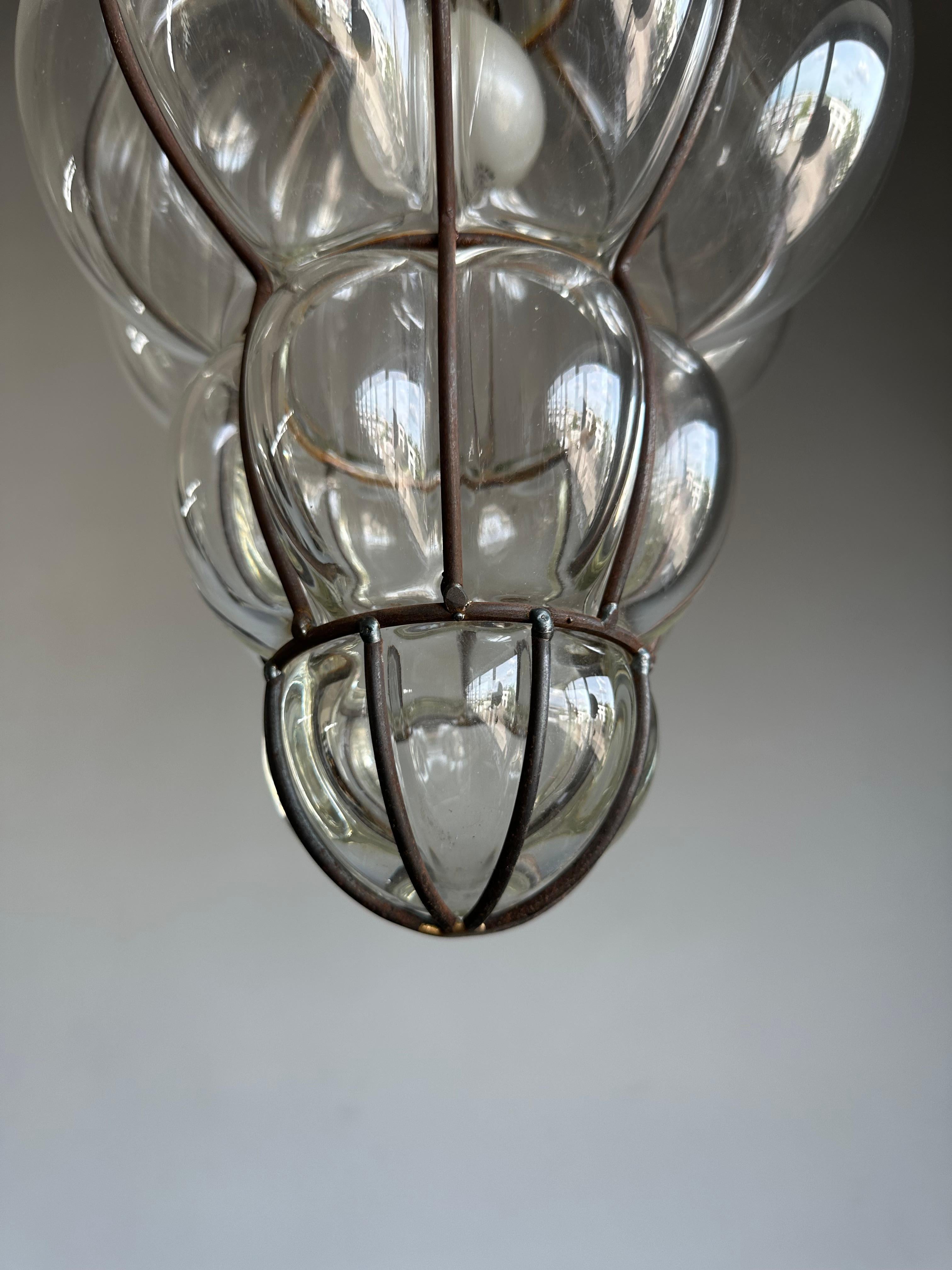 Great Shape Venetian Mouth Blown Glass in Hand Knotted Metal Frame Pendant Light For Sale 6