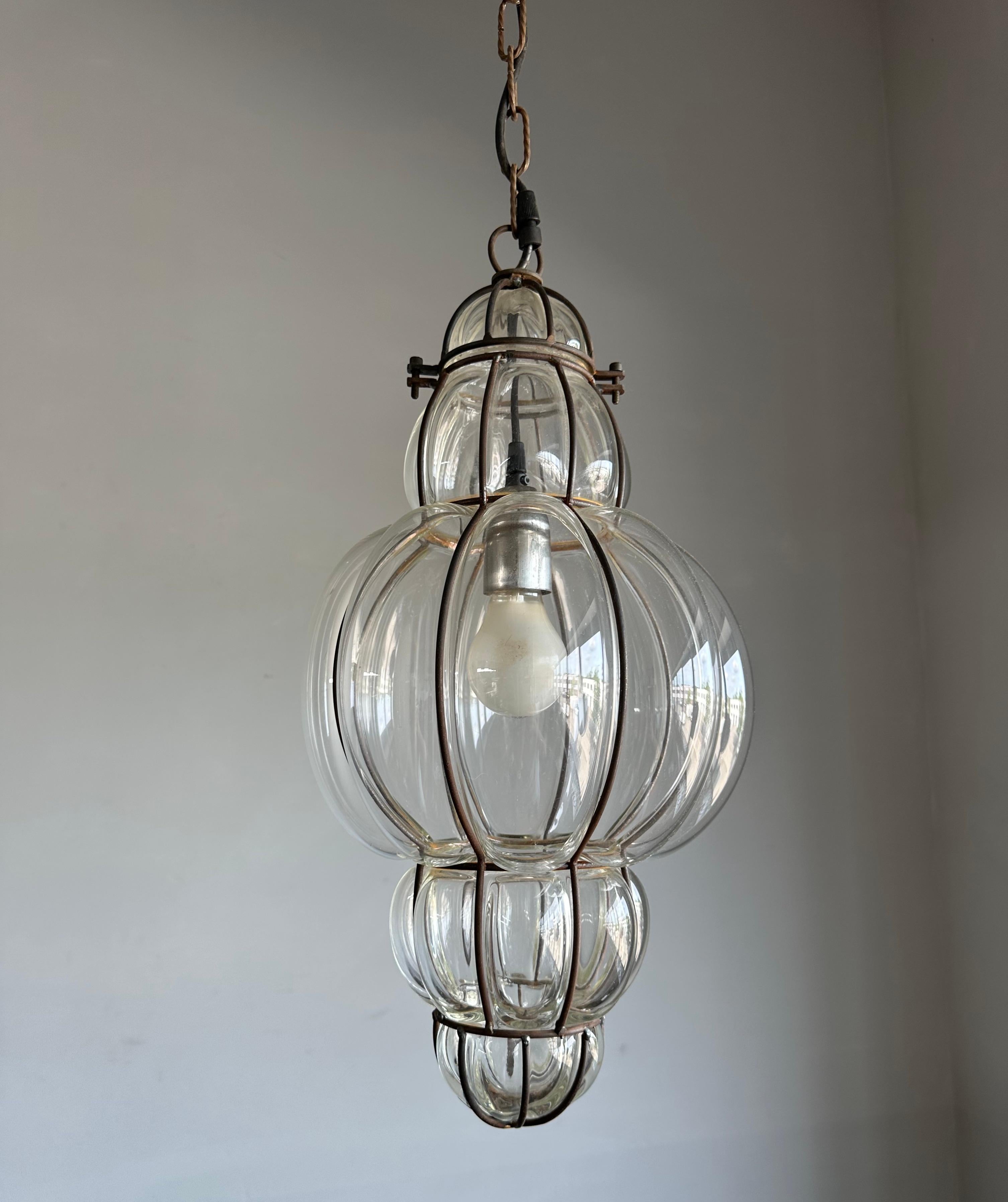 Great Shape Venetian Mouth Blown Glass in Hand Knotted Metal Frame Pendant Light For Sale 8
