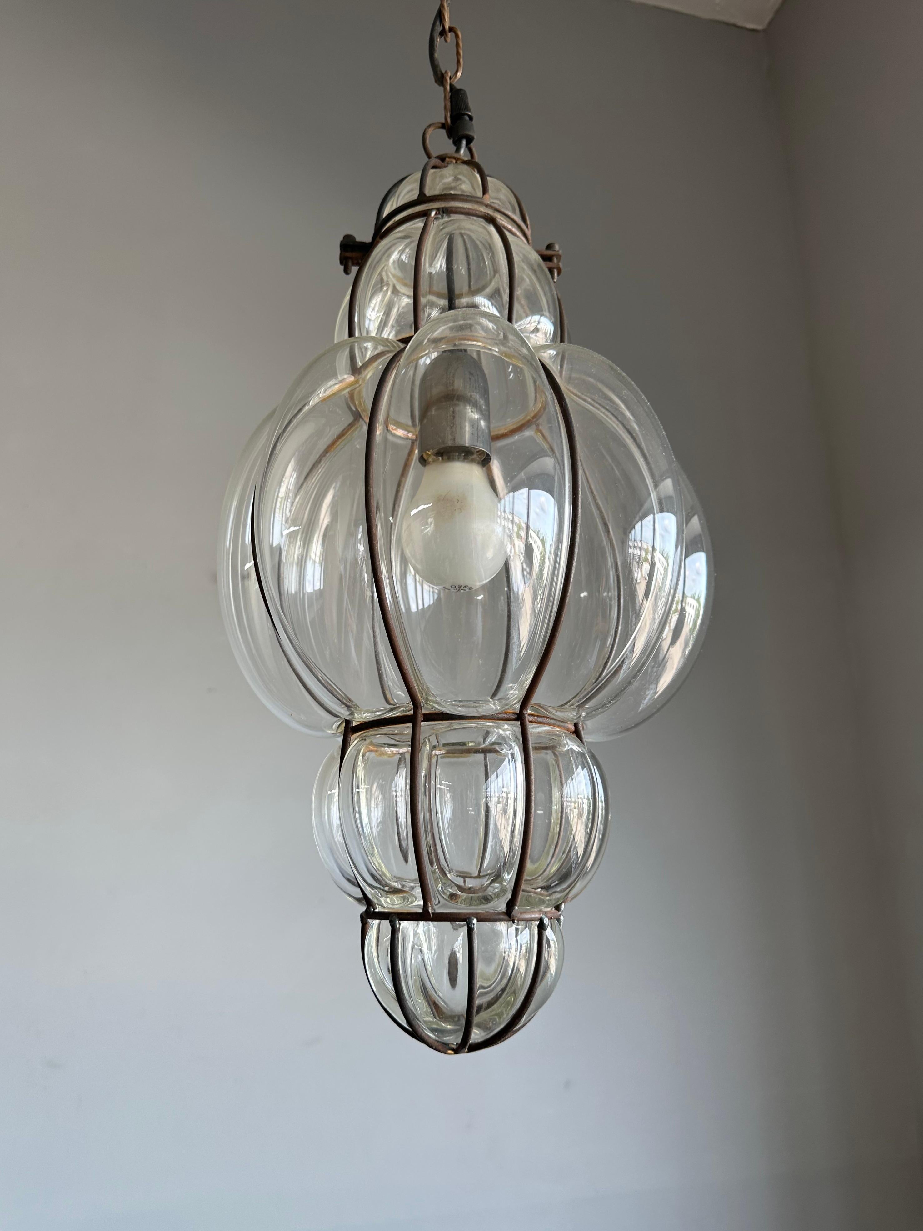 Great Shape Venetian Mouth Blown Glass in Hand Knotted Metal Frame Pendant Light For Sale 9