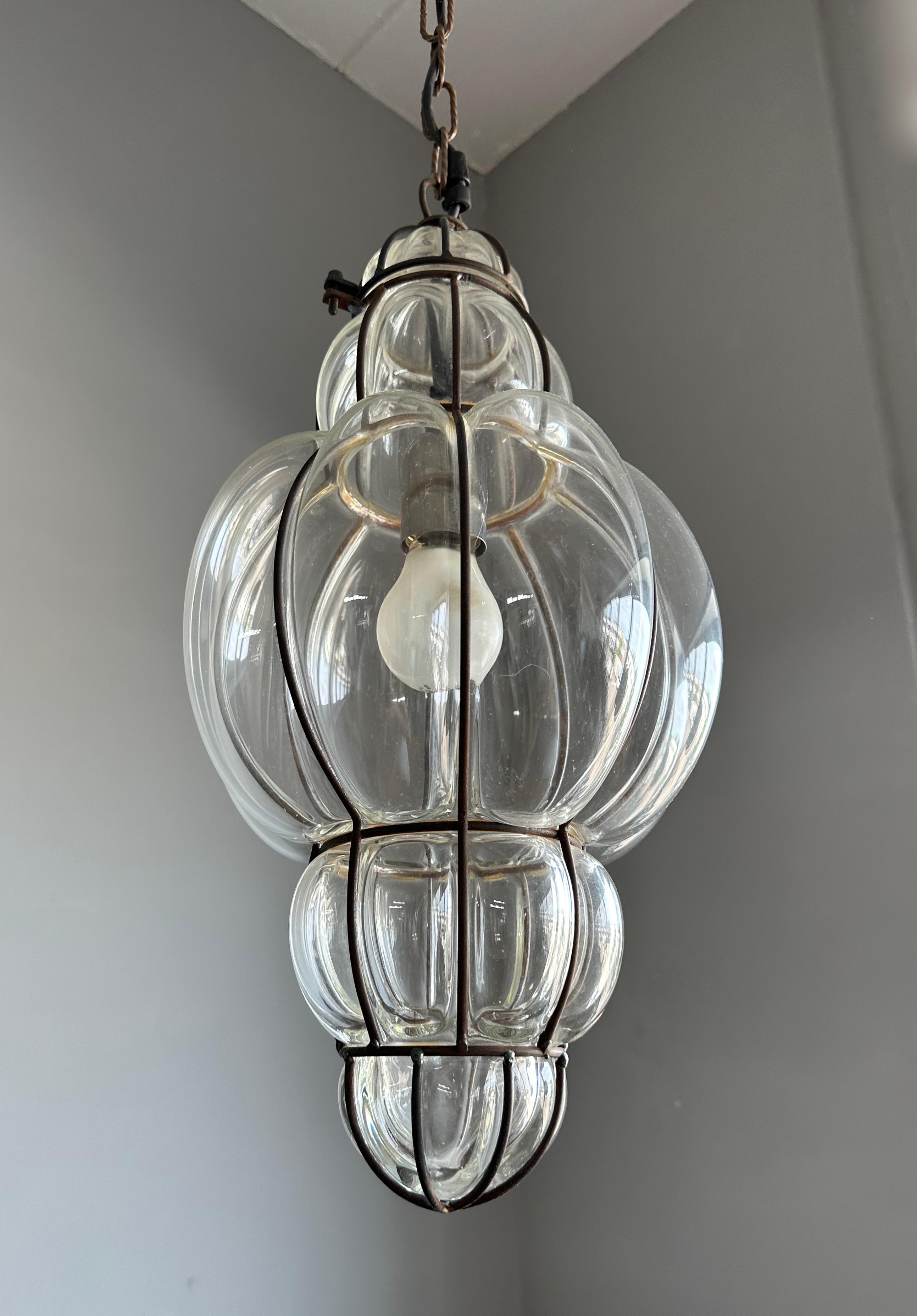 Victorian Great Shape Venetian Mouth Blown Glass in Hand Knotted Metal Frame Pendant Light For Sale