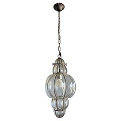 Great Shape Venetian Mouth Blown Glass in Hand Knotted Metal Frame Pendant Light