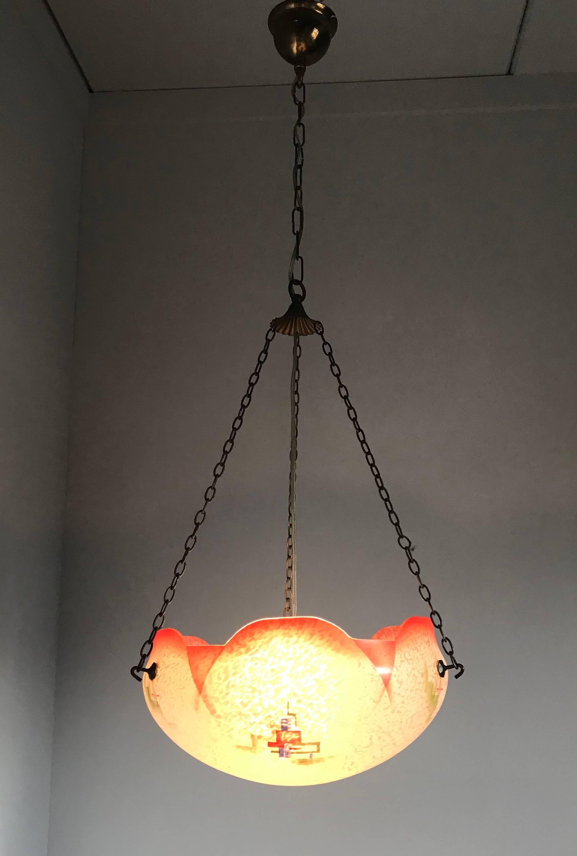 Great Shape, Size and Color, 1920s Art Deco Glass Pendant Ceiling Lamp In Good Condition In Lisse, NL
