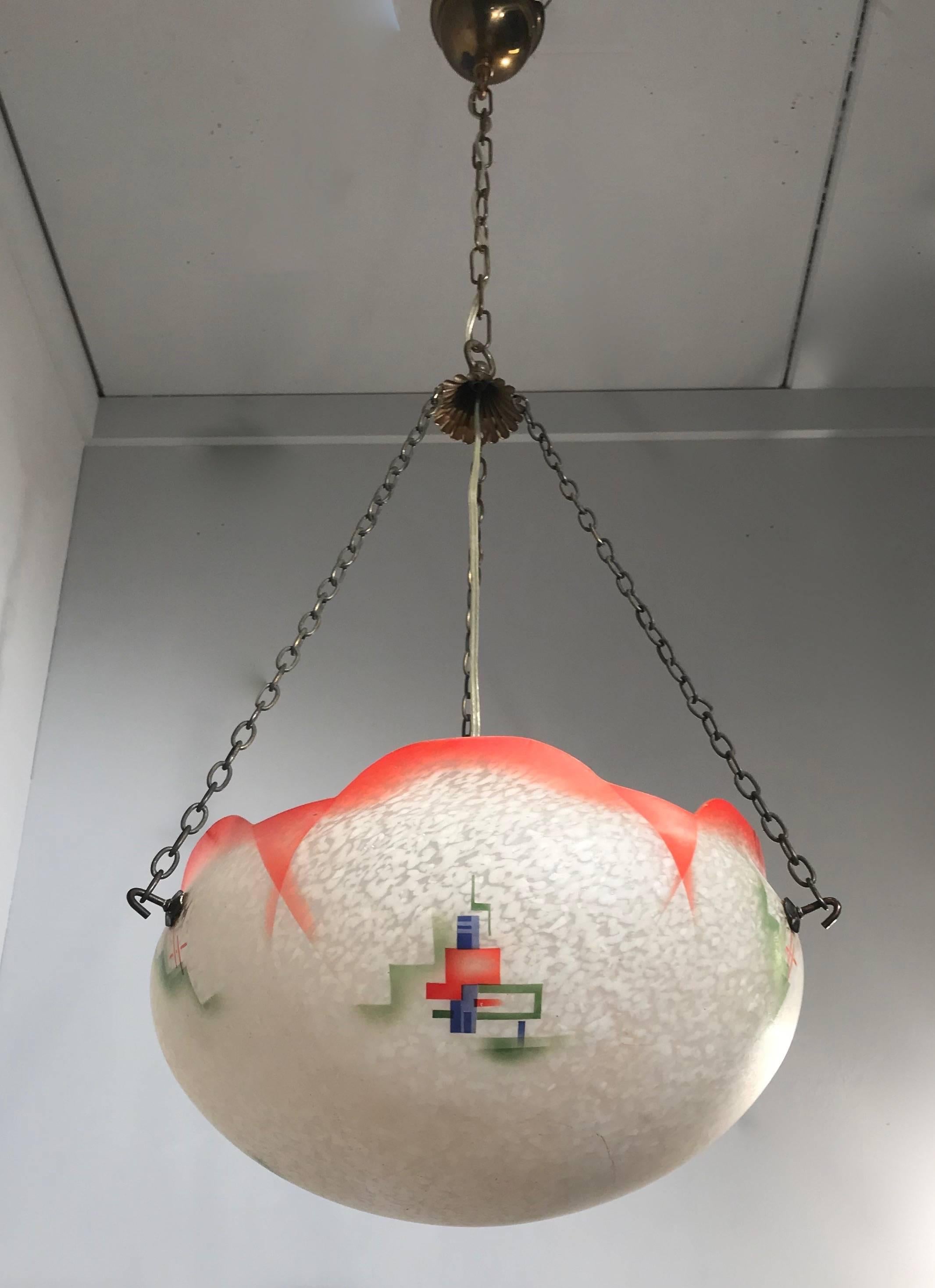 20th Century Great Shape, Size and Color, 1920s Art Deco Glass Pendant Ceiling Lamp