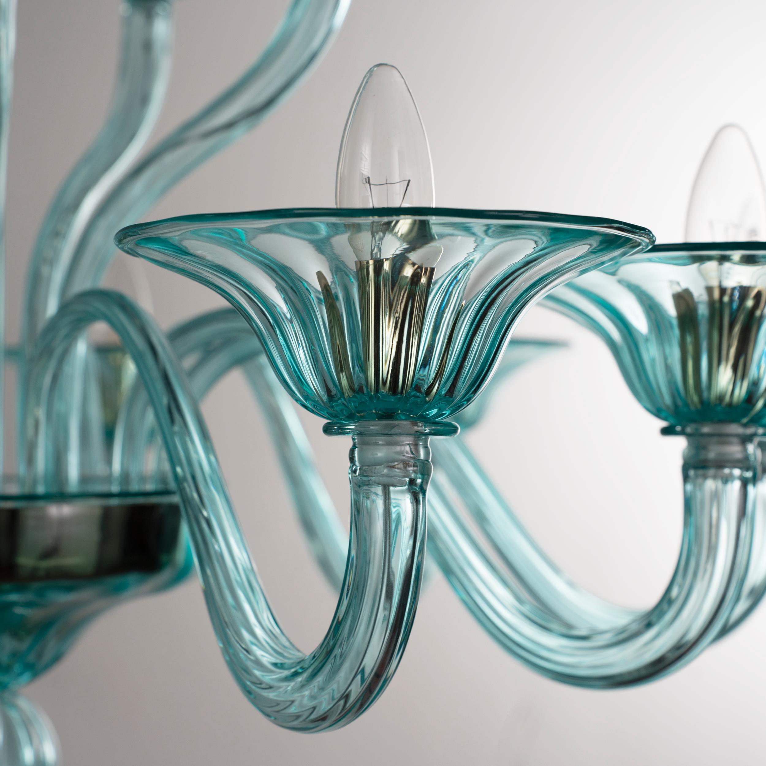 Vetro artistico Grande lampadario Simplicissimus, 10+5 bracci in vetro di Murano color acquamarina di Multiforme in vendita