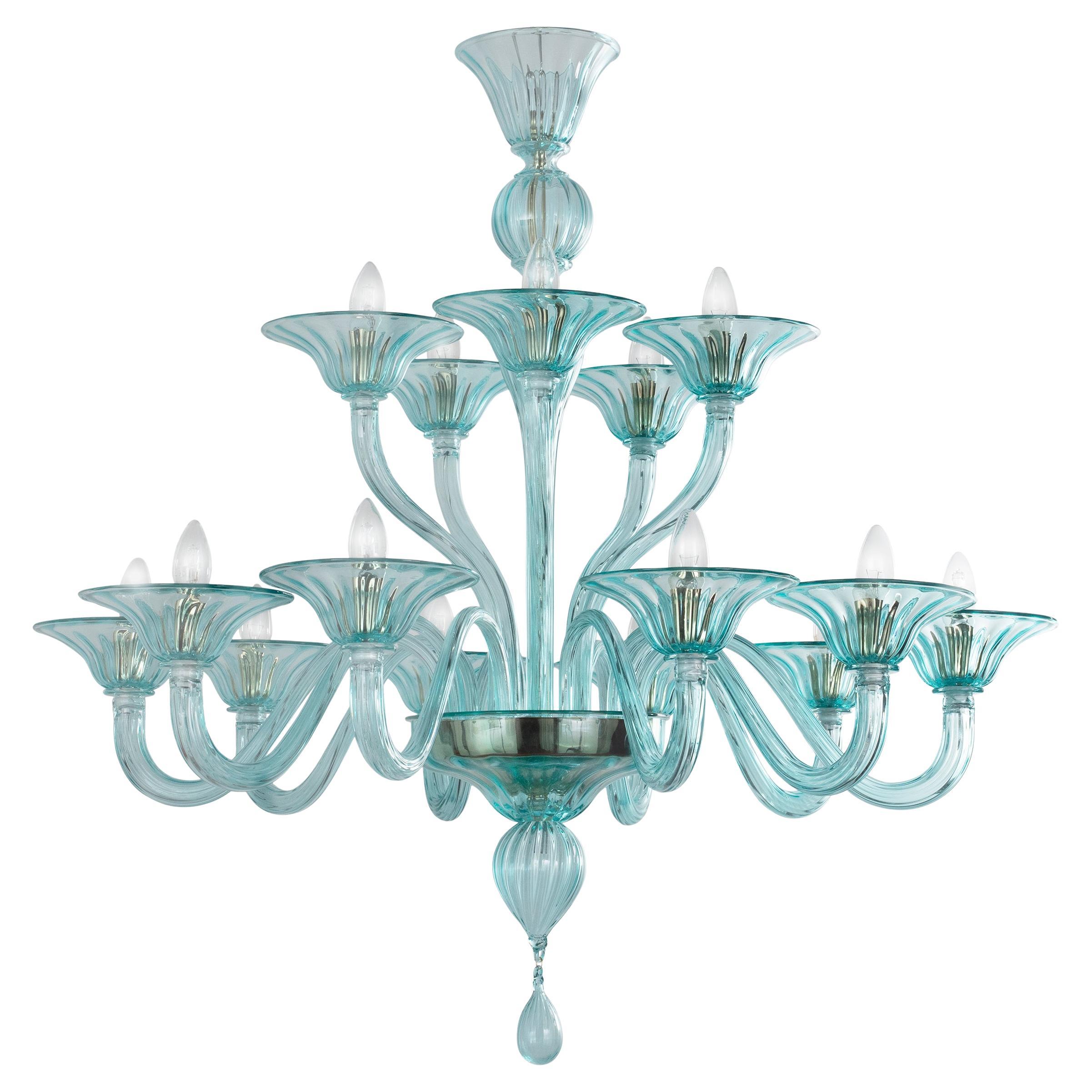 Great Simplicissimus Chandelier, 10+5 Arms Aquamarine Murano Glass by Multiforme
