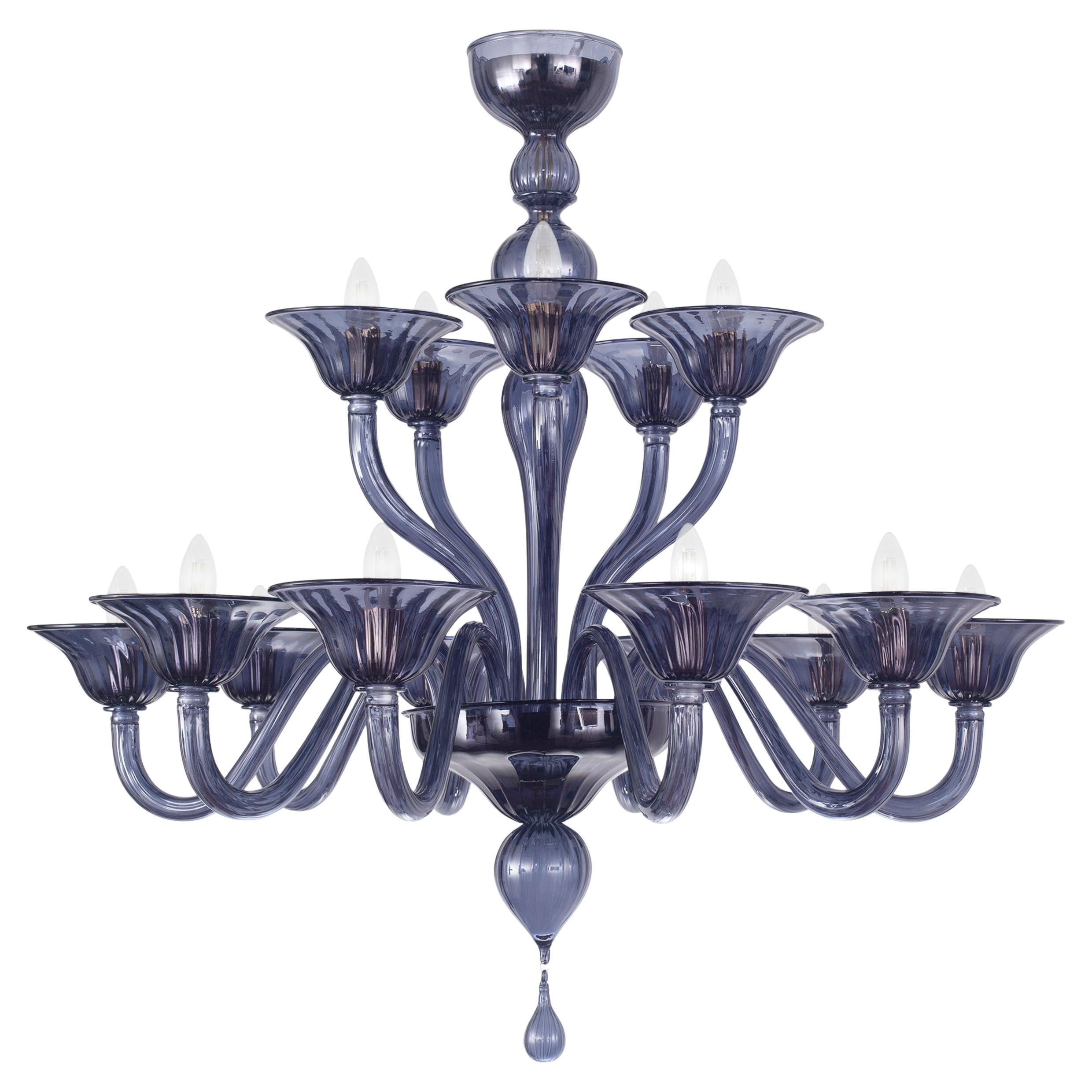 Great Simplicissimus Chandelier, 10+5 Arms Slate Blue Murano Glass by Multiforme