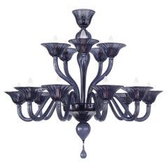Great Simplicissimus Chandelier, 10+5 Arms Slate Blue Murano Glass by Multiforme