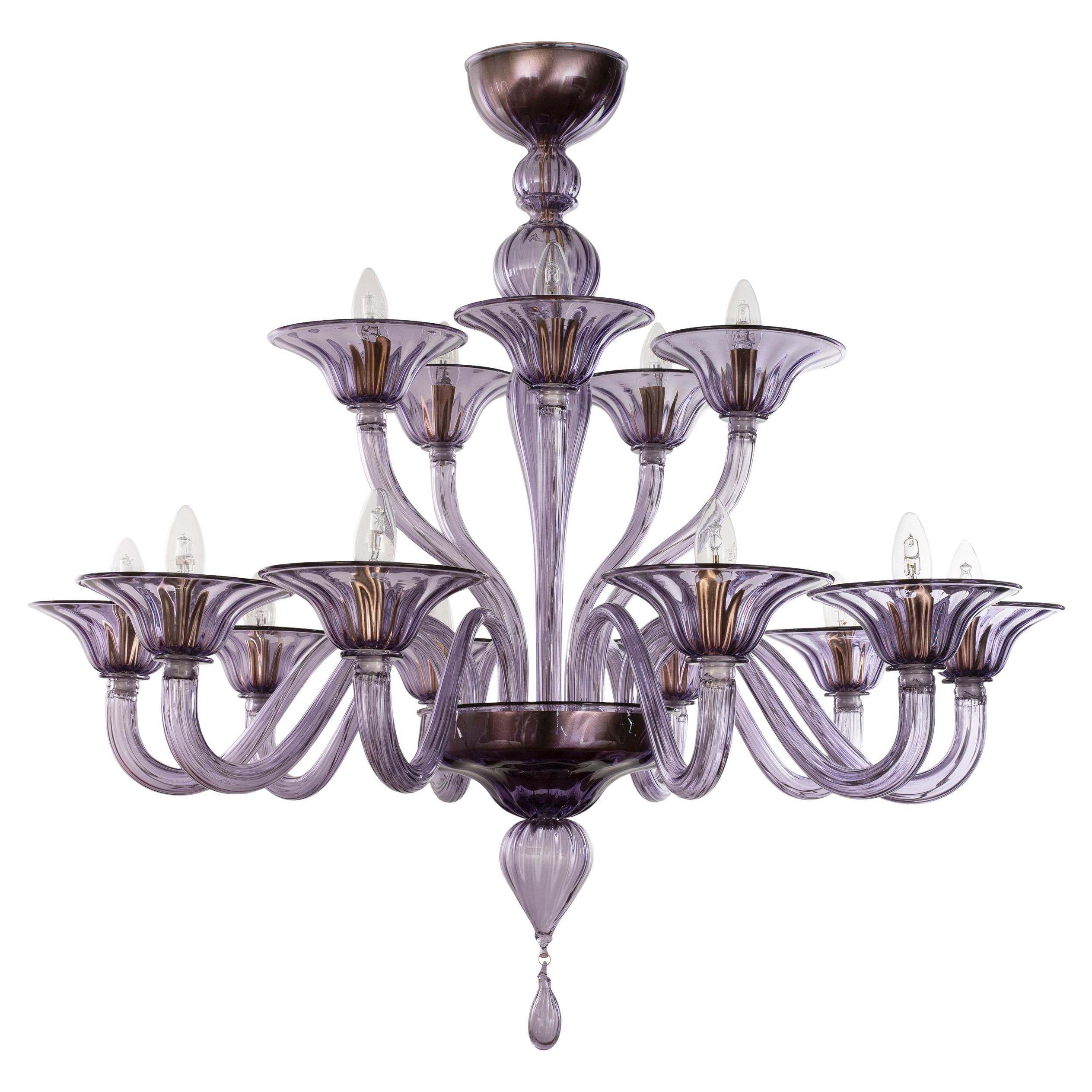 Grande lampadario Simplicissimus, 10+5 bracci in vetro di Murano color glicine di Multiforme