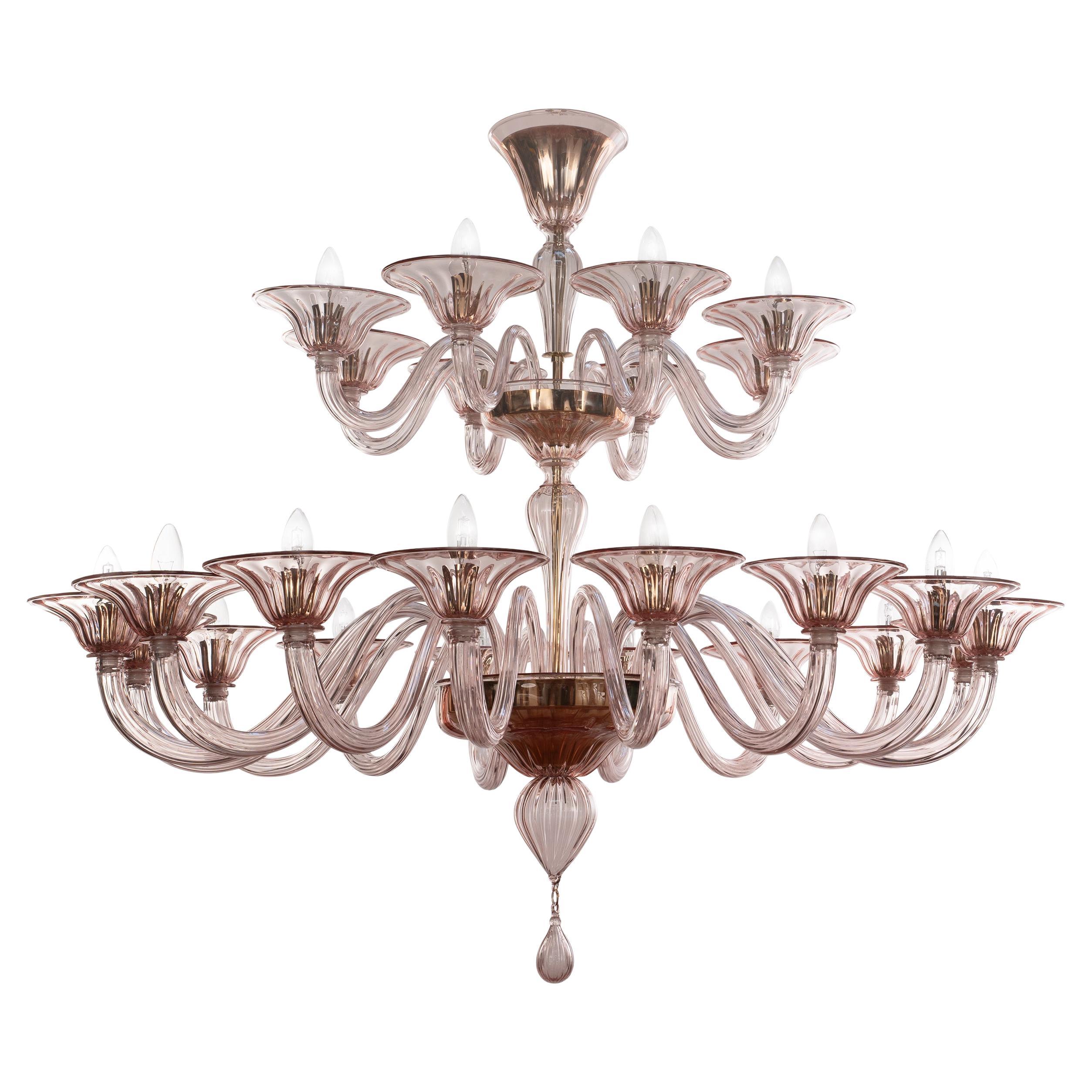 Grande lampadario Simplicissimus, 16+8 bracci in vetro di Murano rosa di Multiforme